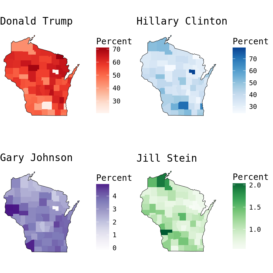 plot of chunk Wisconsin Presidential Election Results by County plot of chunk Wisconsin Presidential Election Results by County