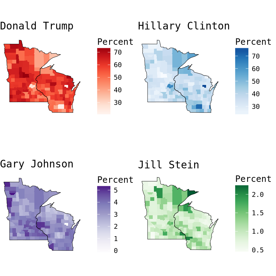 plot of chunk Wisconsin and Minnesota Presidential Election Results by County plot of chunk Wisconsin and Minnesota Presidential Election Results by County
