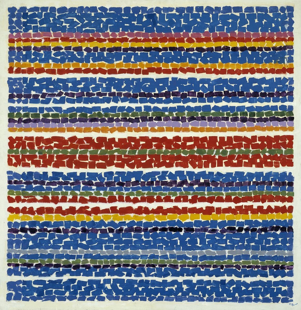 Light Blue Nursery. Image showing rows of blue, red, yellow, green, and purple paint splotches, like quadrilaterals, stretching horizontally on canvas, by Alma Thomas.