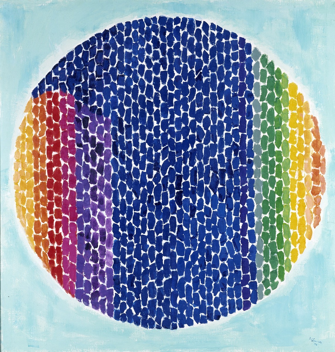 Snoopy – Early Sun Display on Earth. Composition of blue, red, yellow, green, and purple paint splotches, like quadrilaterals,  arranged in vertical lines across an light blue canvas, bounded in a circle, by Alma Thomas.