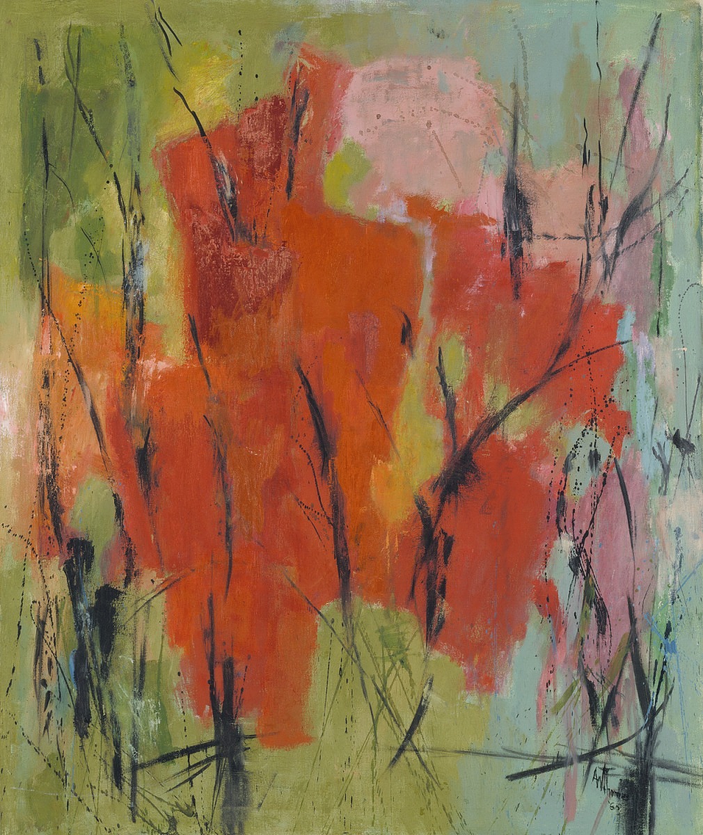 Red Abstraction. Composition primarily in red accented with thin black lines. Background in olive green. Rendered in oil on canvas, by Alma Thomas.