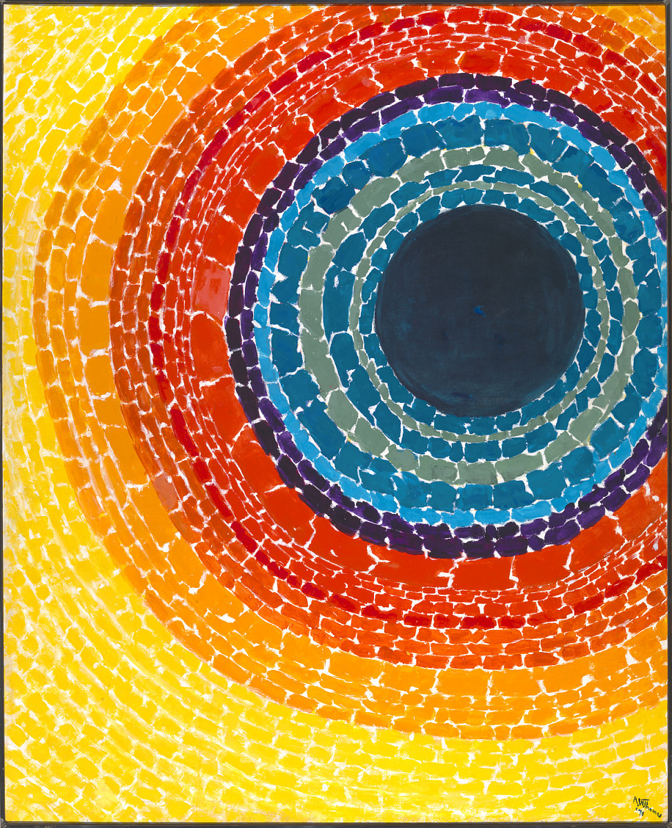 The Eclipse. Composition of a dark blue circle in right off-center, surrounded by concentric circles of blue, purple, red, orange, and yellow paint splotches, like quadrilaterals, by Alma Thomas.