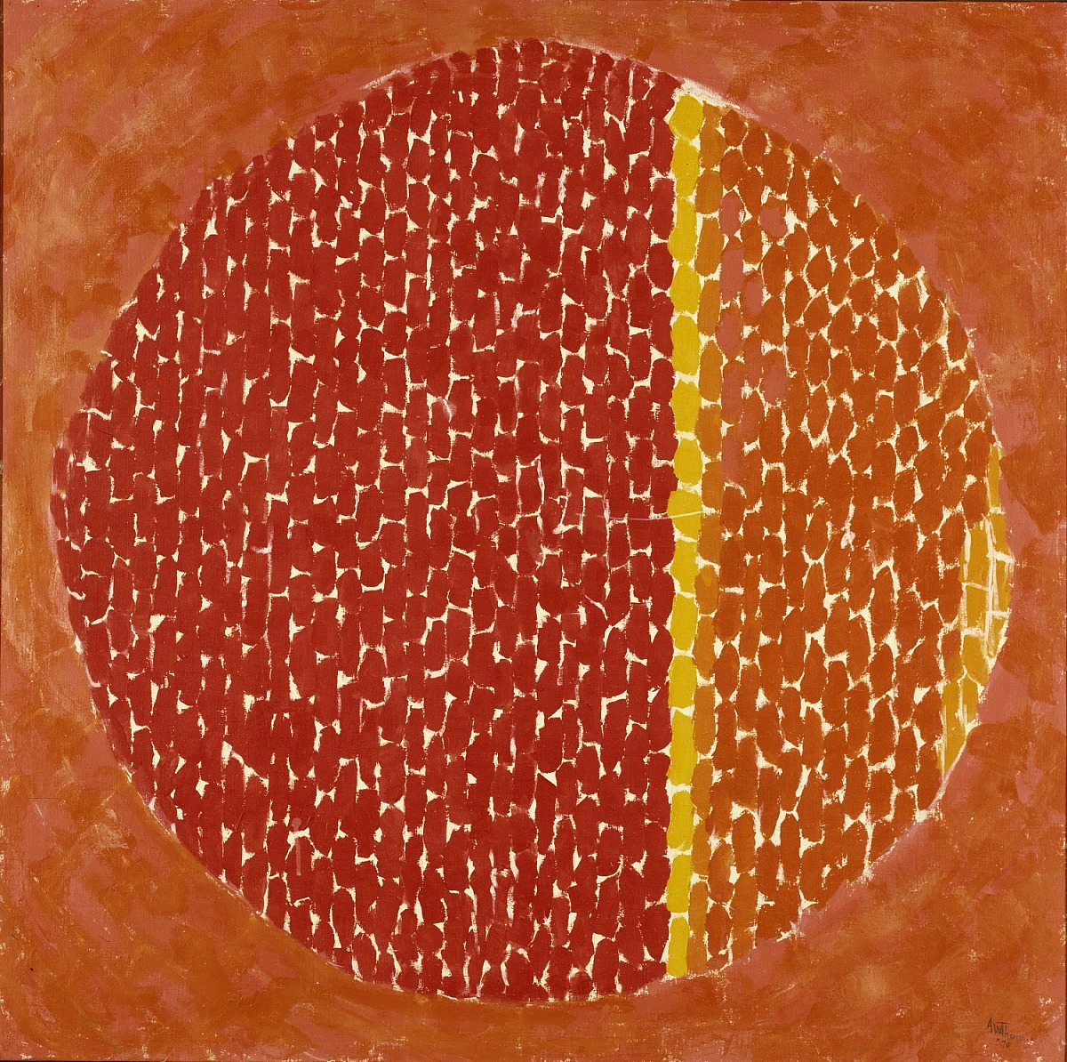 Snoopy Sees Earth Wrapped in Sunset. Composition of vertical paint splotches in dark orange, yellow, and light orange, arranged in vertical lines across an orange canvas, bounded in a circle, by Alma Thomas.