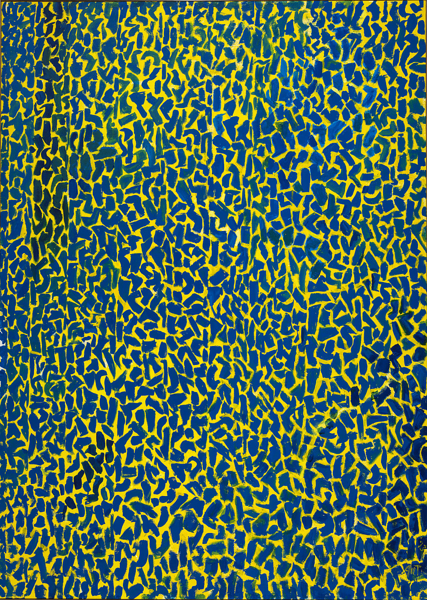Aquatic Gardens. Composition of paint splotches shades of dark blues, arranged randomly in waves across a yellow canvas, by Alma Thomas