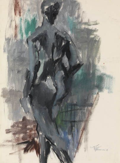 Untitled (Standing Nude). Composition of a woman from behind. Rendered in oil on textured wove paper, by Alma Thomas.