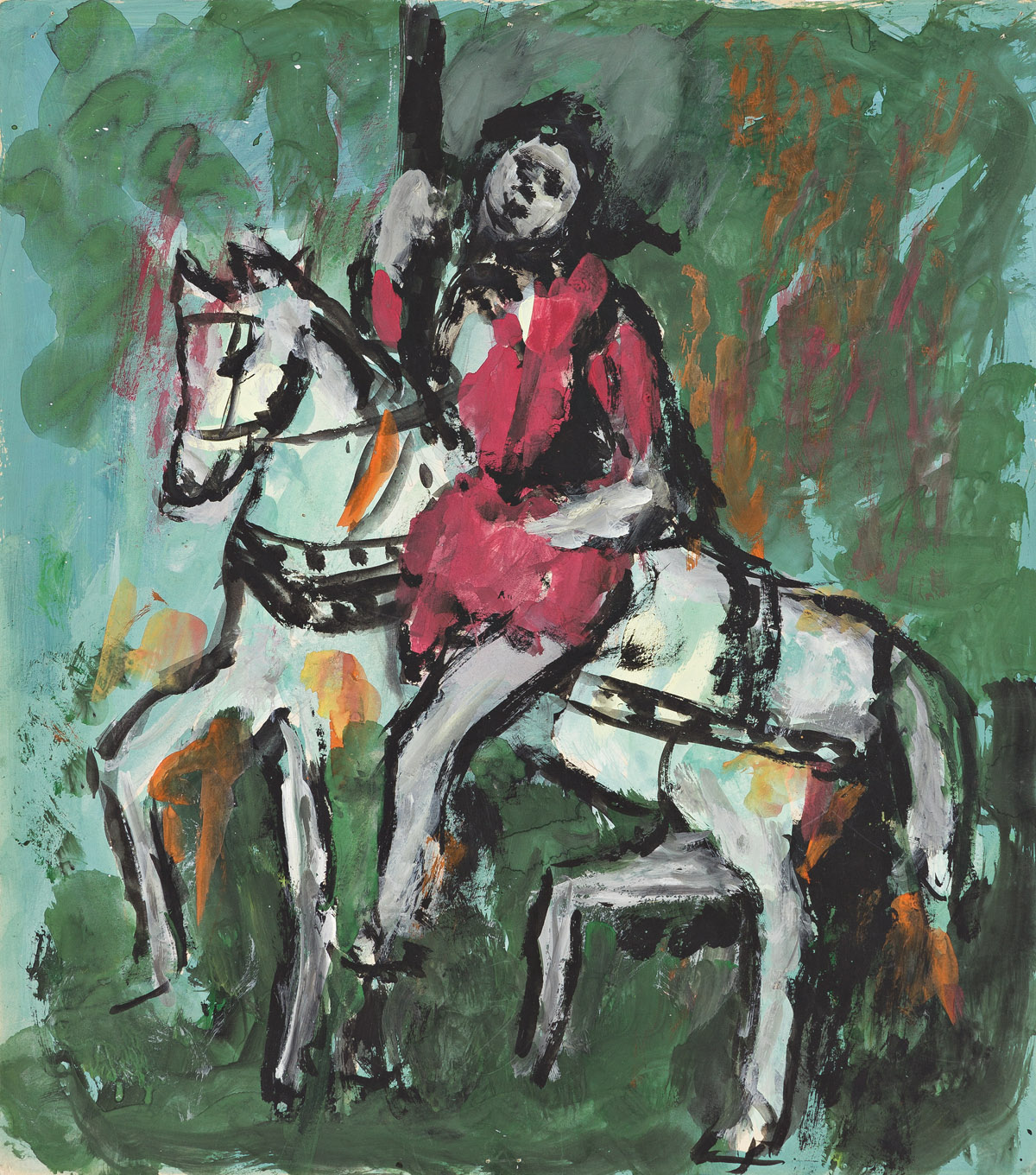 Carousel. Composition of a person riding a carousel in white and red and outlined in black. Background in shades of green. Rendered in oil with gouache on wove paper, by Alma Thomas.