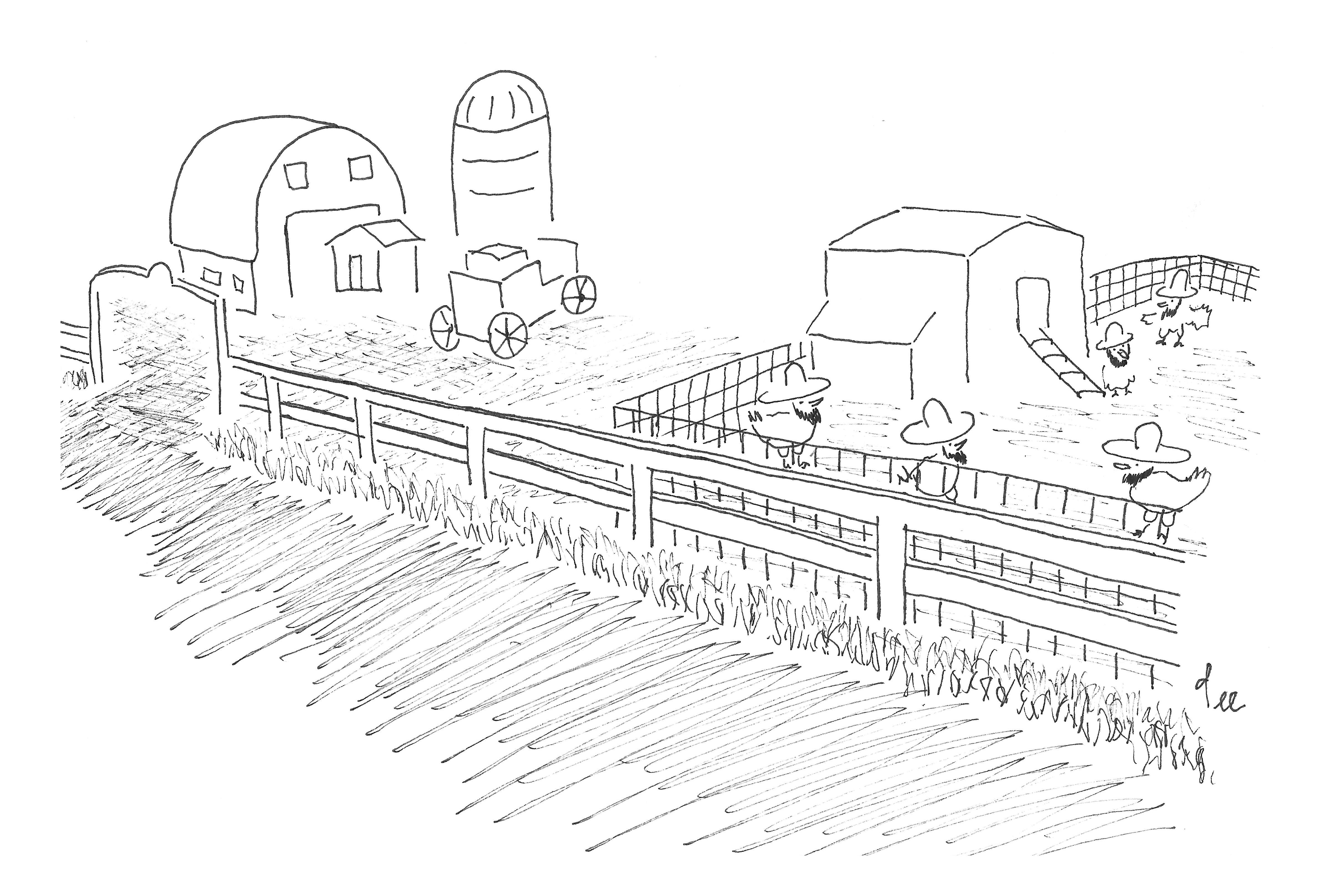 A farm with a chicken coop filled with chicken wearing Amish hats and beards.