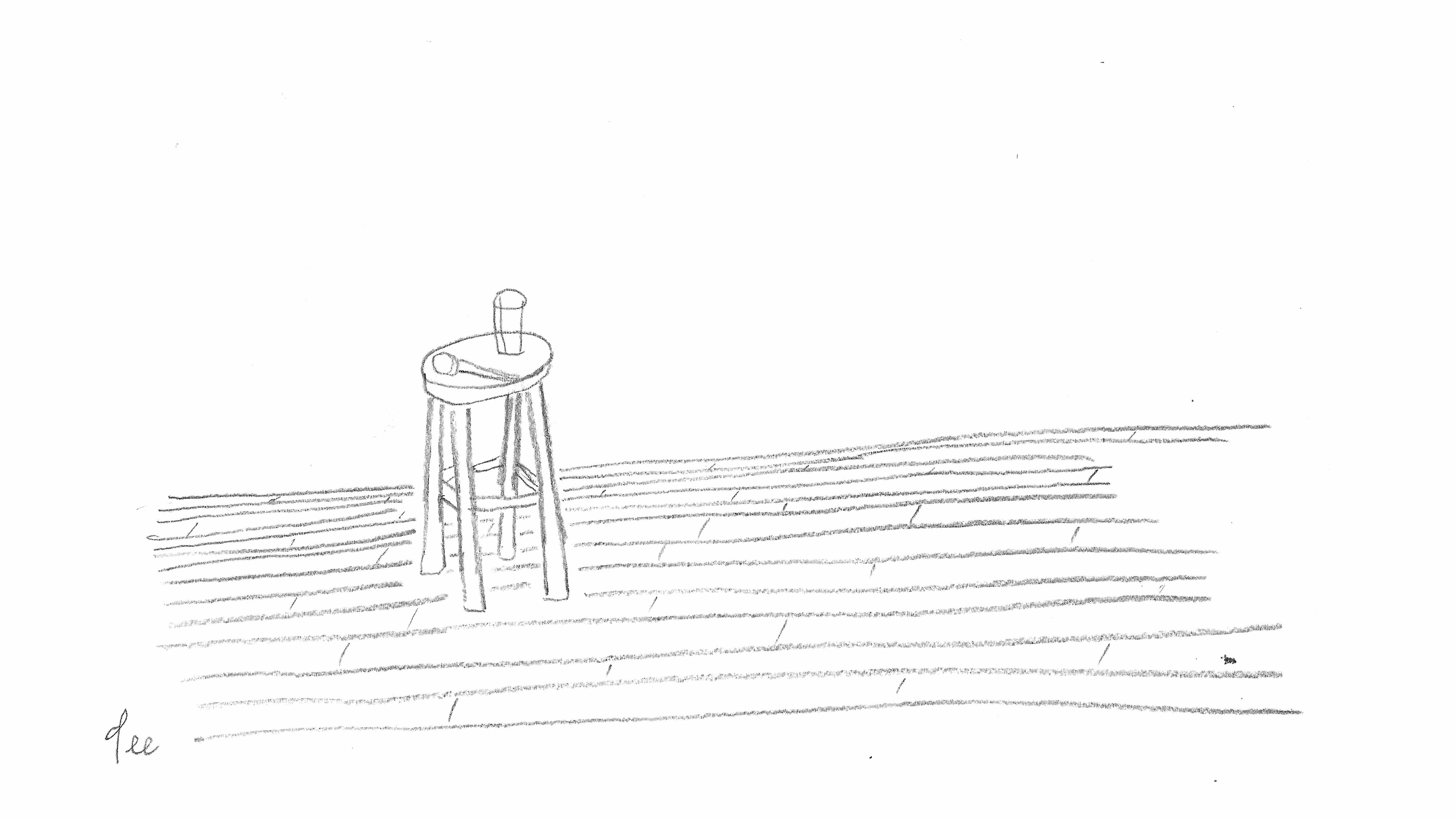 A microphone and glass of water rest on a stool. A small ant appears on the wooden floor at the right.