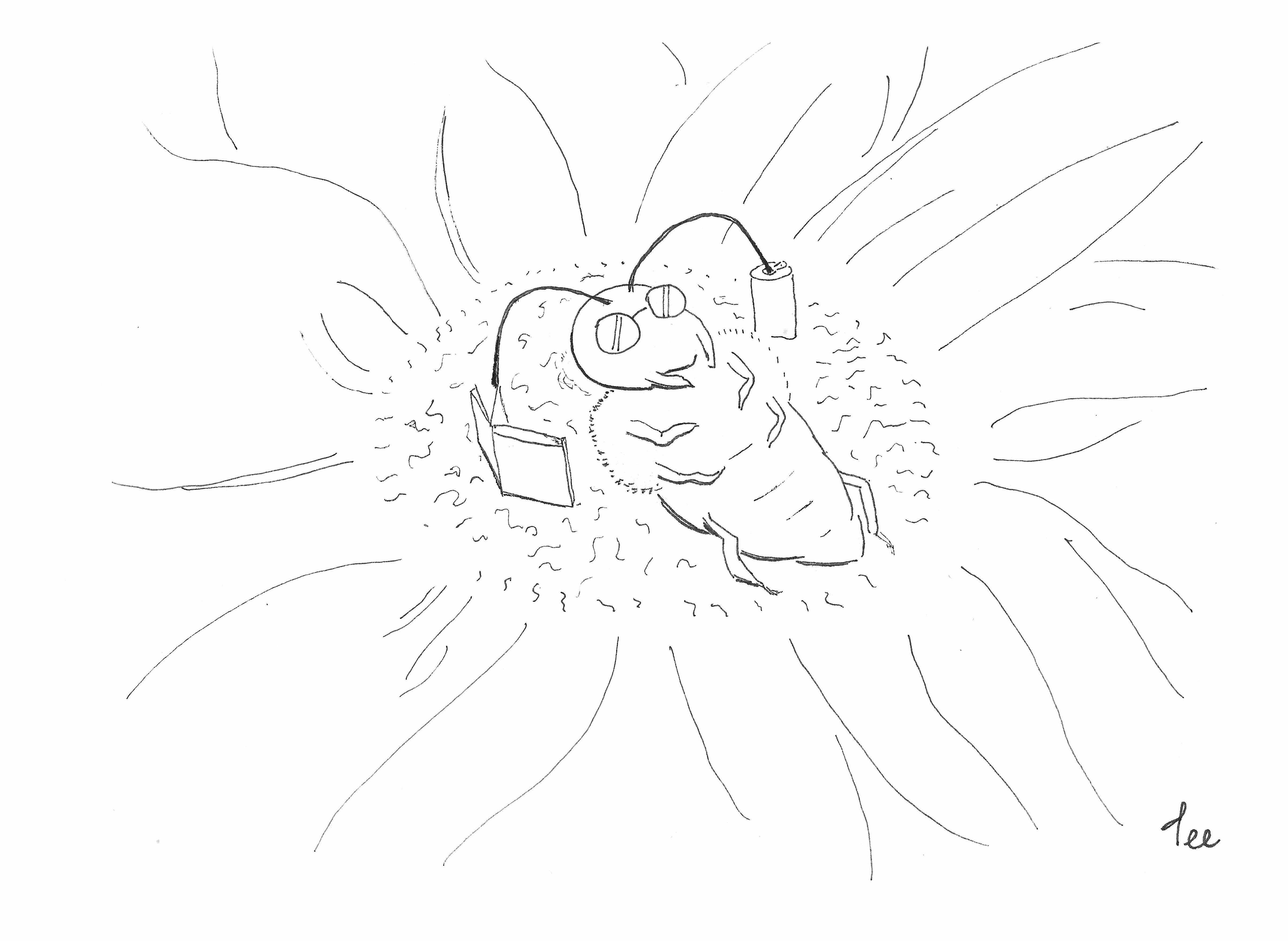 A bee in sunglasses lays on a flower. It sips from a soda can and turns the page of a book with each of it’s antennae