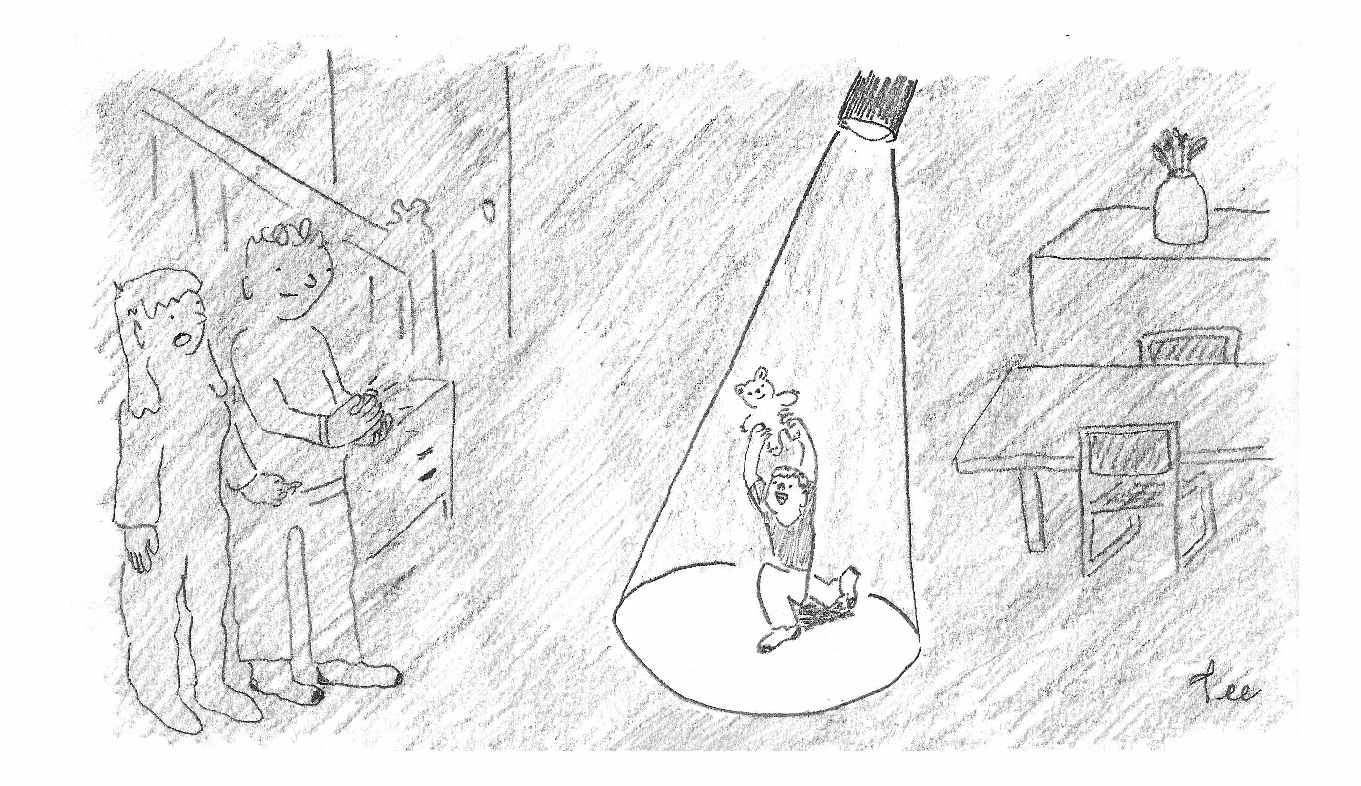 A husband and wife clap exchange words and clap in a darkened living room. A child holds up a stuffed animal and kneels underneath a bright stage light from above.