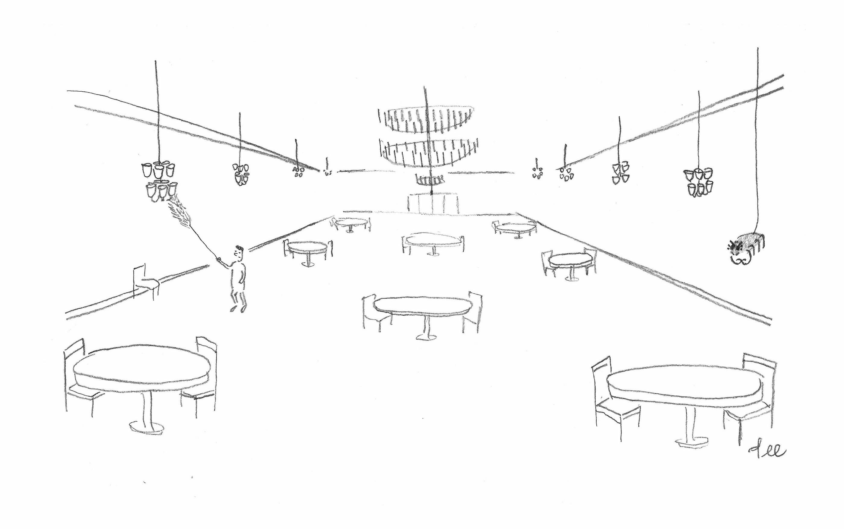 A spider hangs with its front arms (legs) crossed as someone cleans nearby chandeliers.