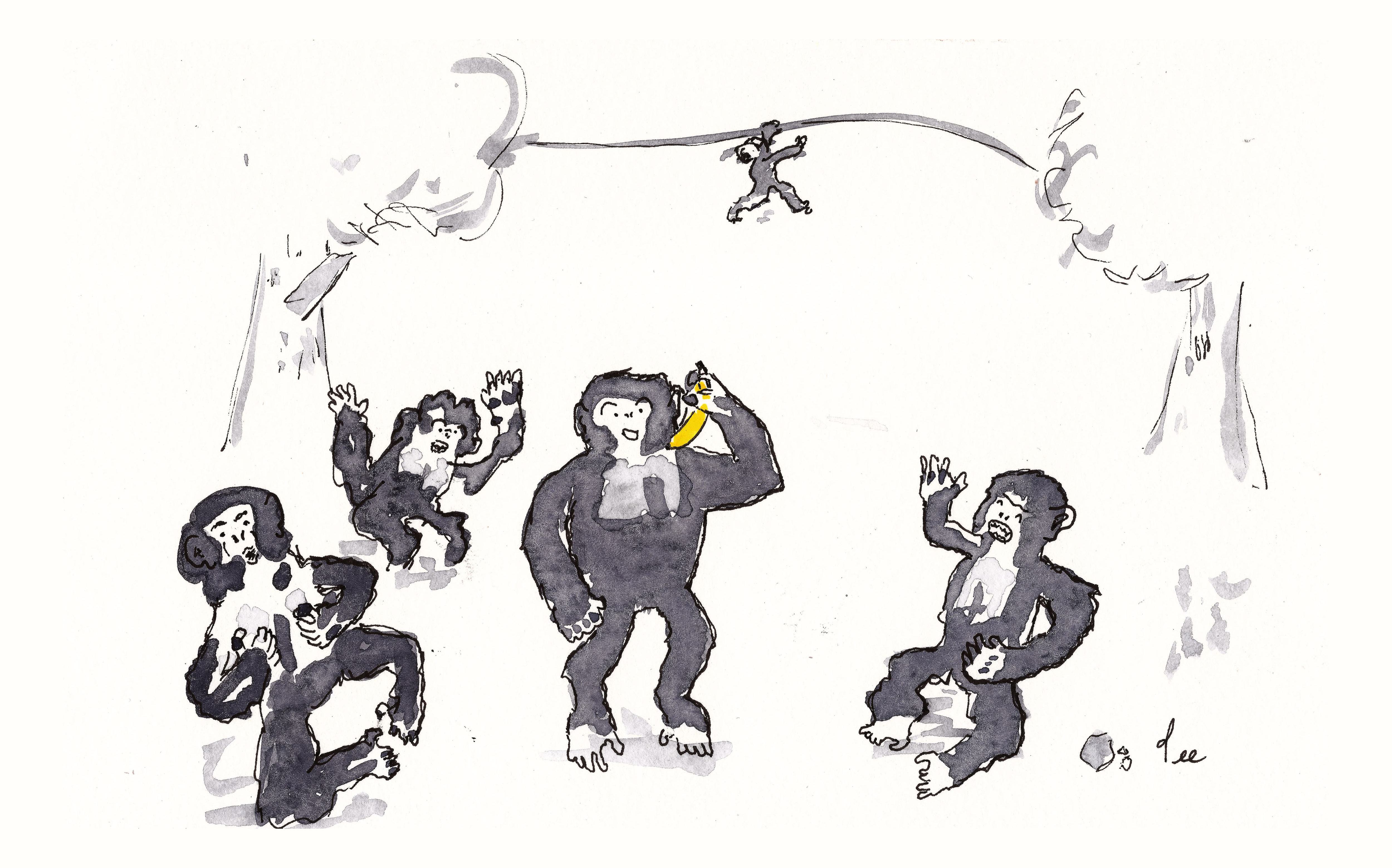 A group of chimpanzees sit laughing. One stands holding a banana up to it’s ear.