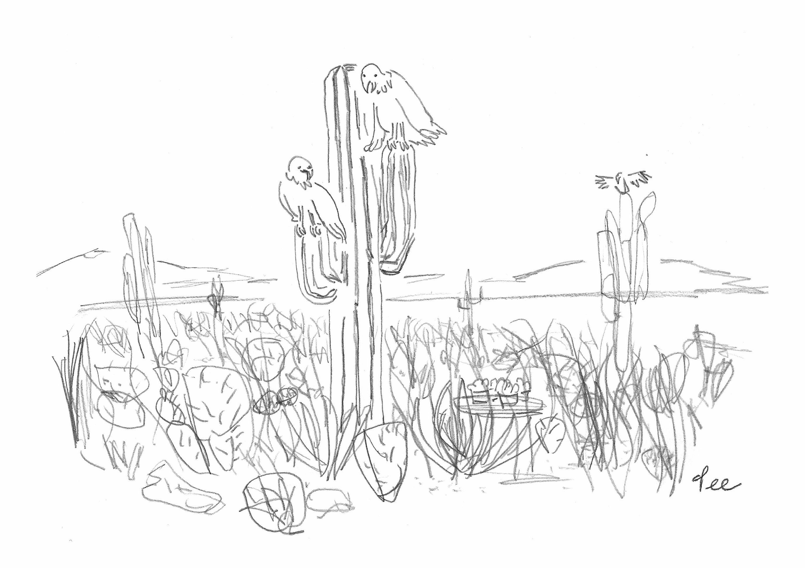 Two vultures sit on a cactus and remark about a plate of food sitting among the desert brush.