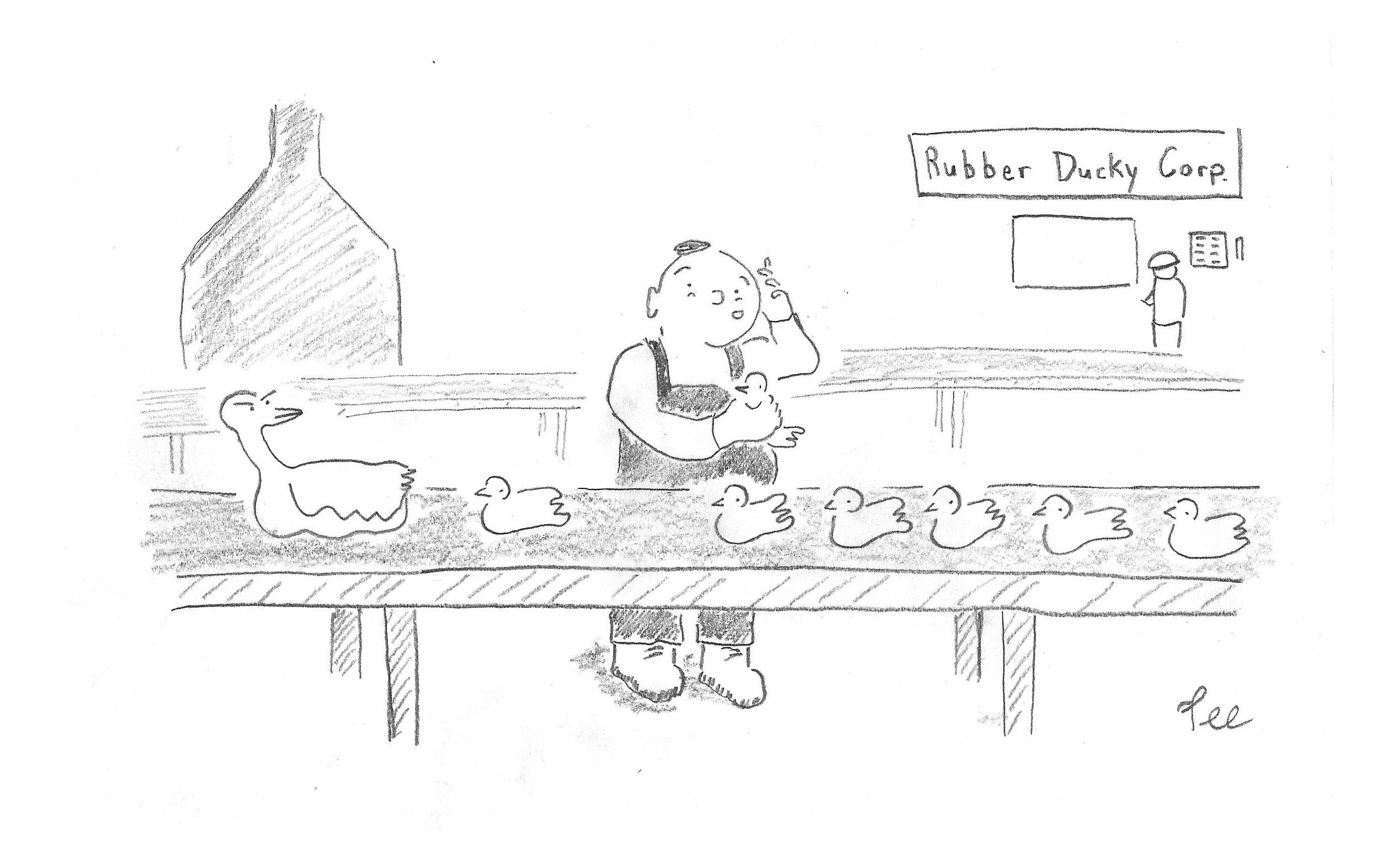 A man in work gear appears sheepish as he holds a rubber duck and creates a gap in an assembly line of rubber ducks at Rubber Ducky Corp. An adult duck in front of the line of rubber ducks turns its head and glares at the employee.