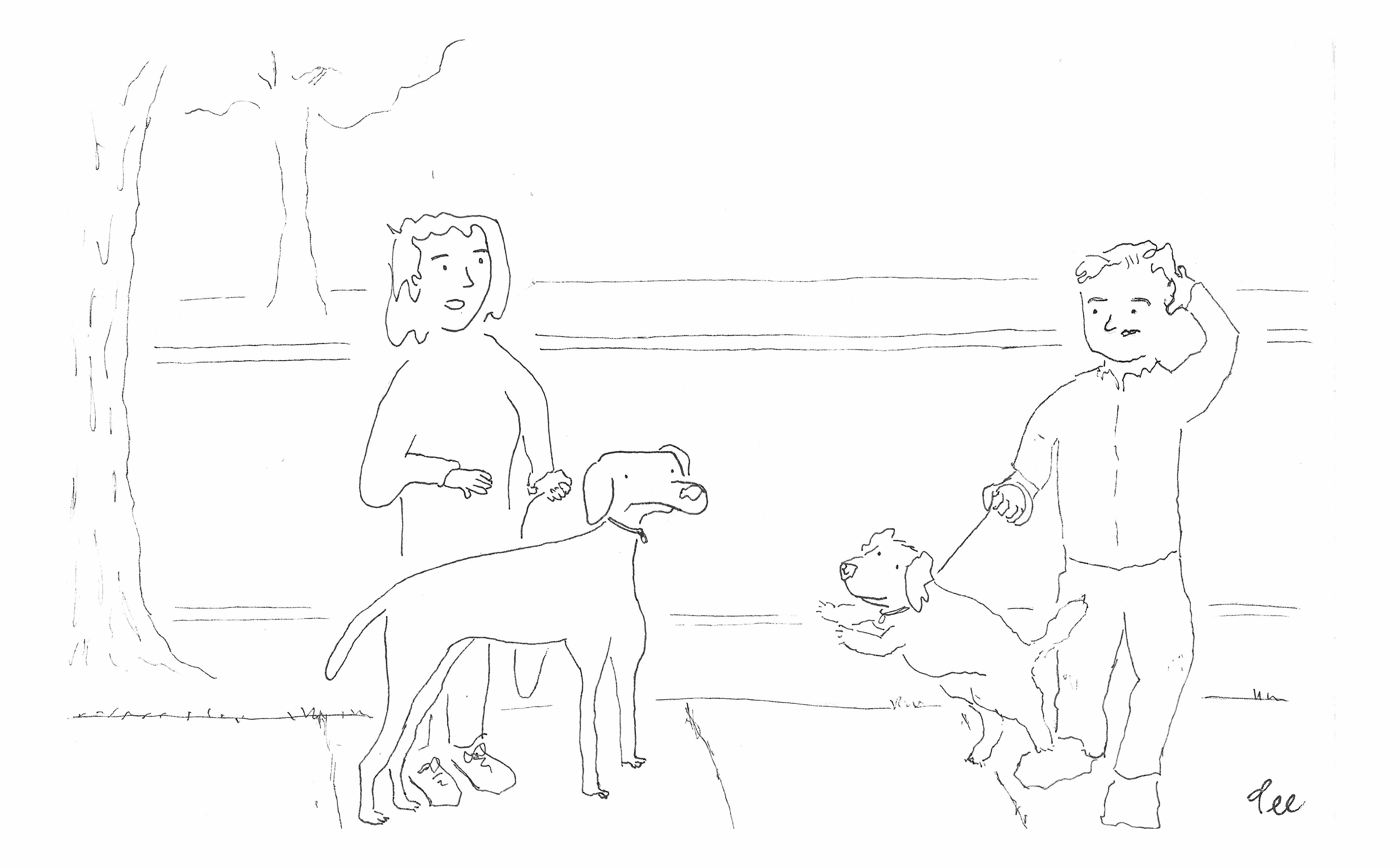 A man and a woman talk on the sidewalk each with a dog. The mans dog is small and jumps towards the woman’s dog, who looks distressed.