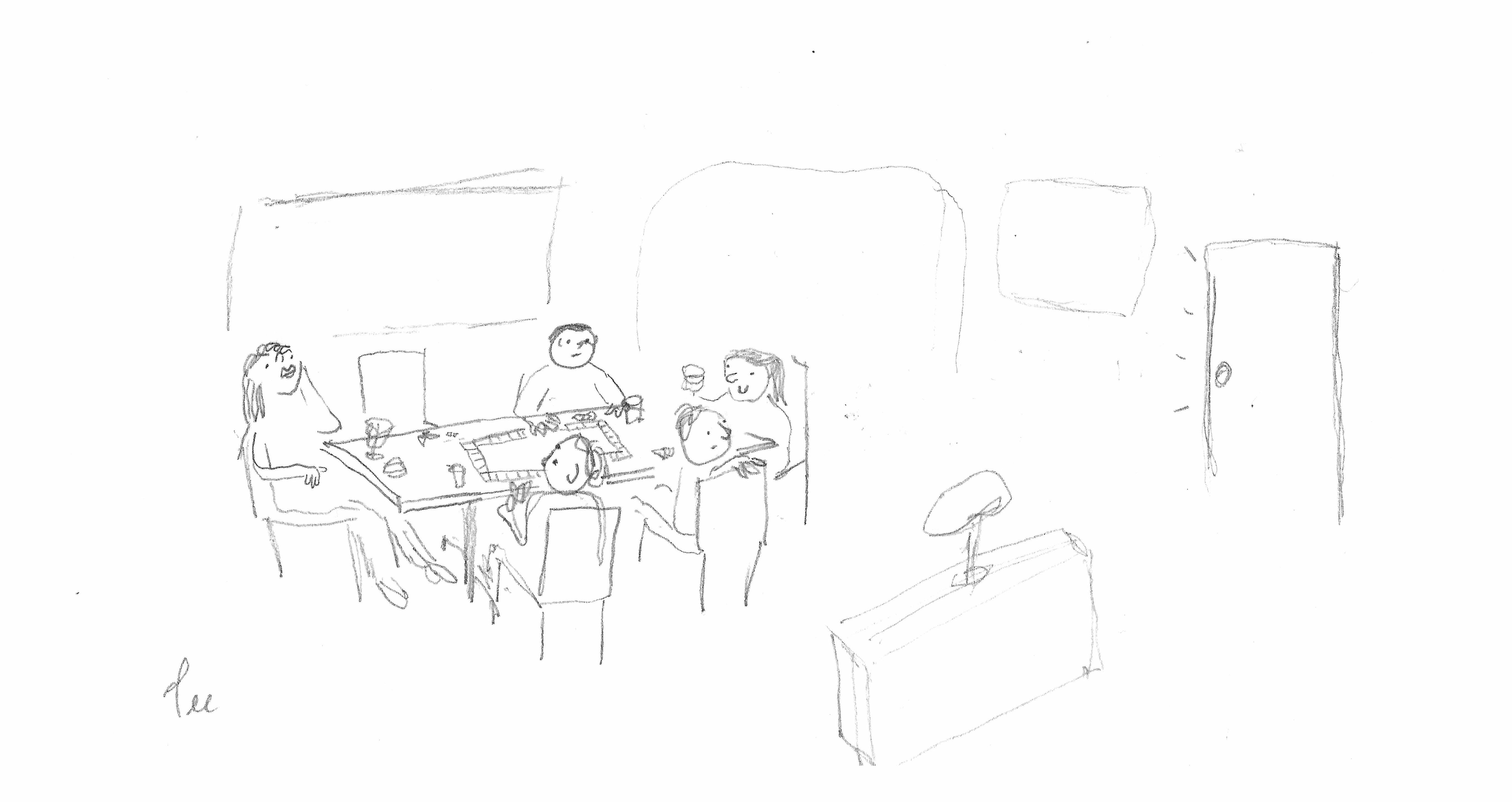 A woman sits back dejectedly in her chair next to four bemused table mates playing a board game. A hidden person shouts from behind a closed door in a nearby room.