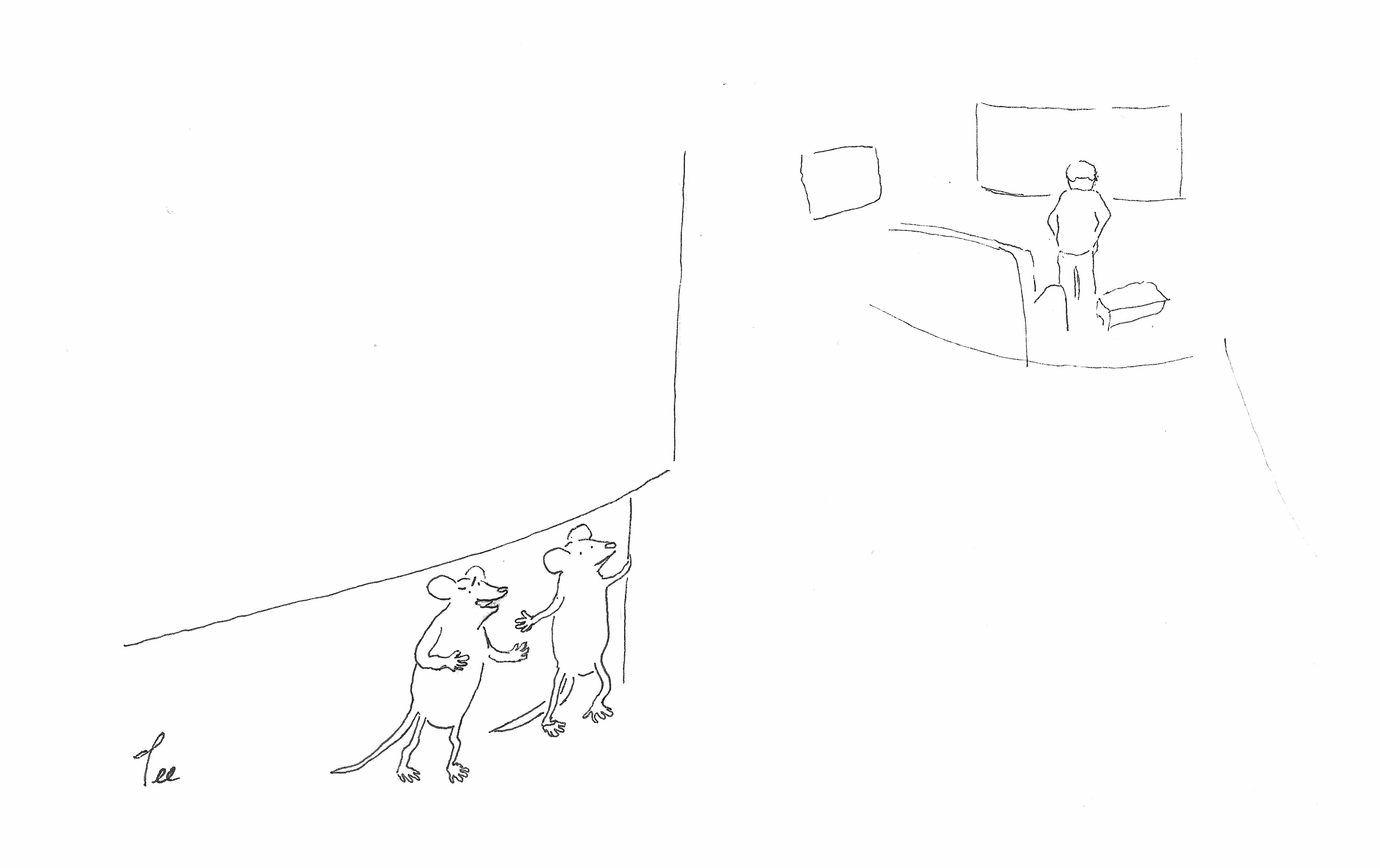 Two mice stand at a corner before a man in a living room.