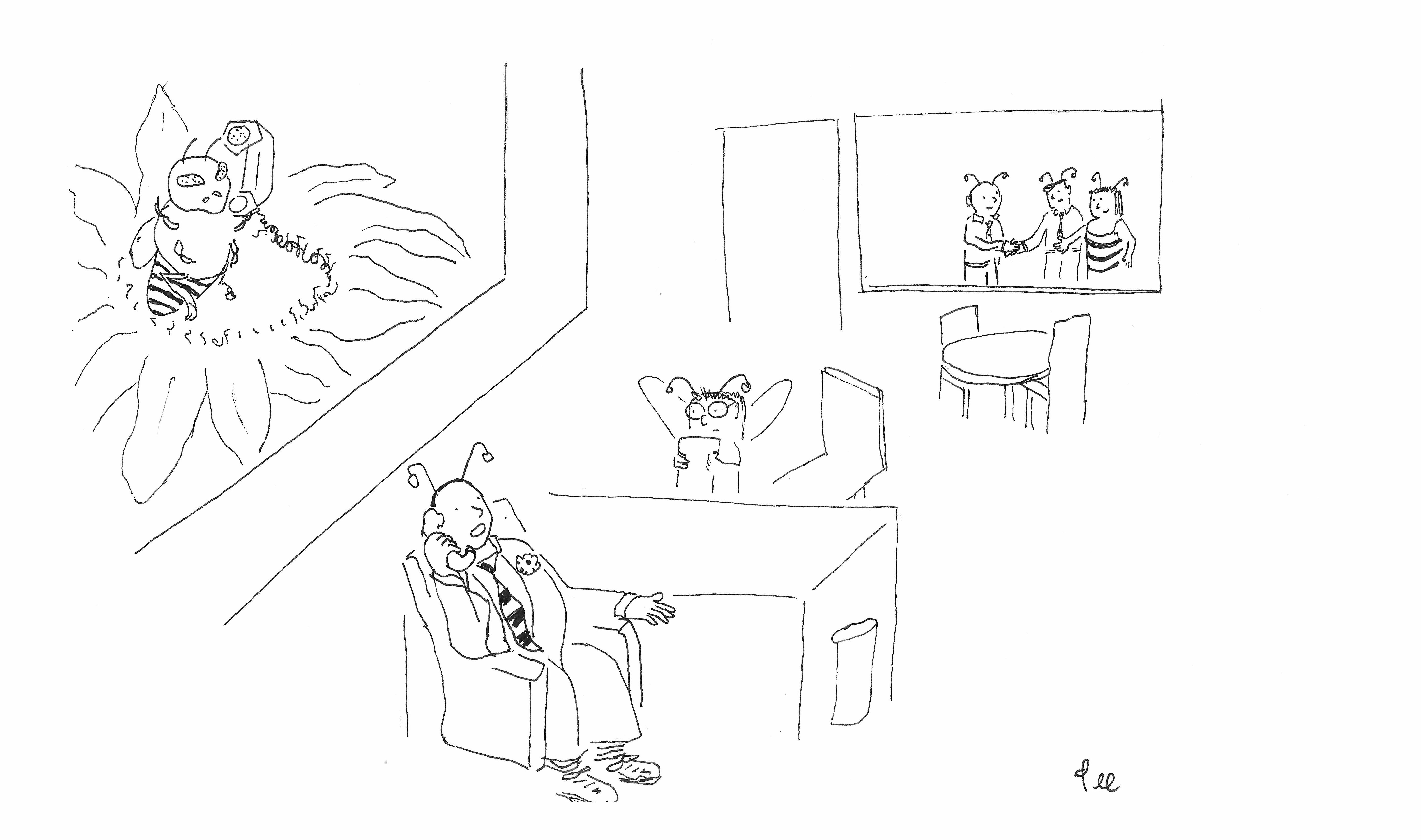 A boss sits behind a desk with fake antennae and a black striped tie on the telephone. A secretary wearing antennae and wings holds a clipboard. Three people wearing bee antenae shake hands in a nearby office. A bee sitting on a flower holds a telephone and has it’s right foreleg raised in disgust