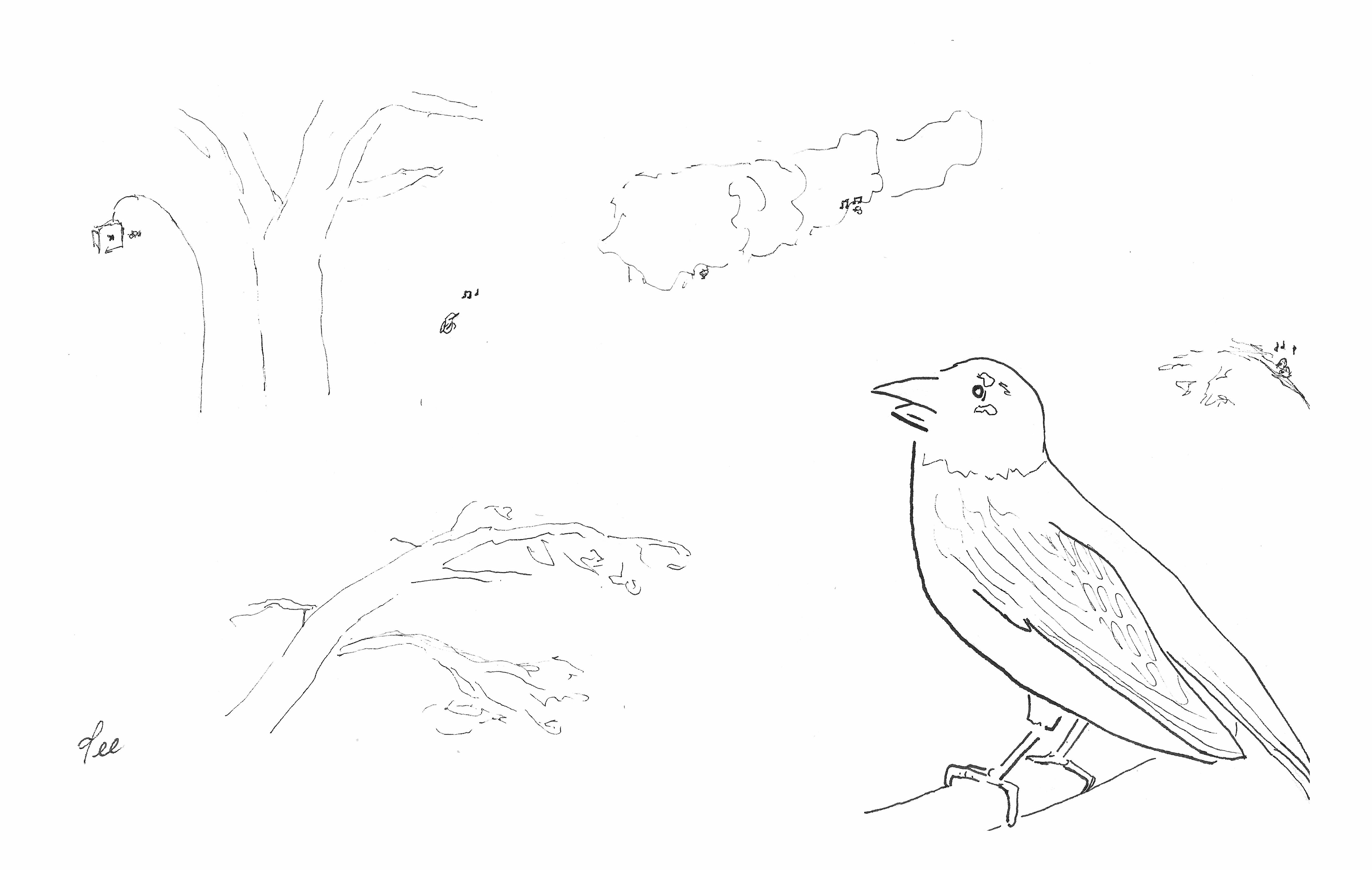 A bird stands on a perch and observes other birds nearby.