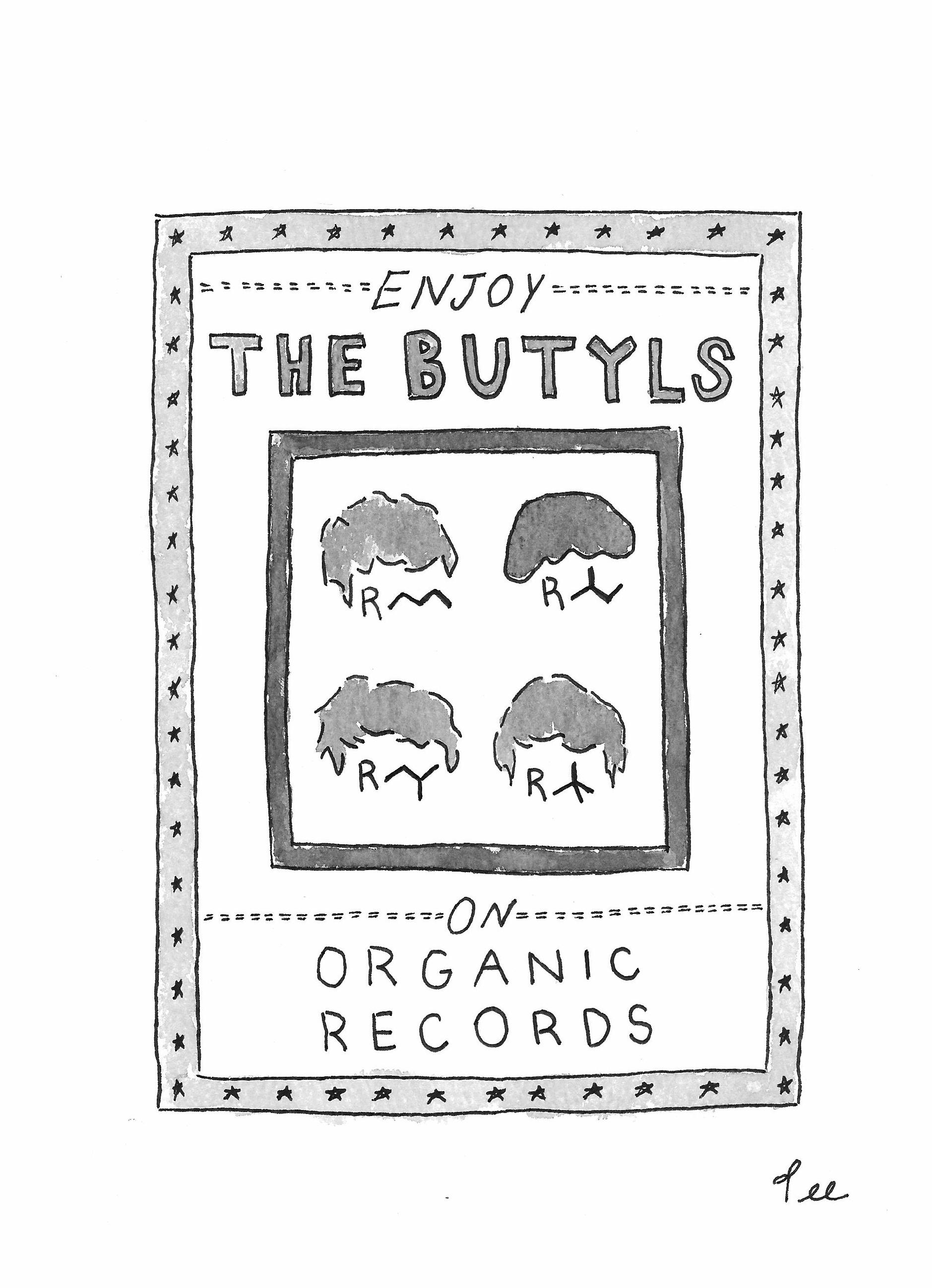 A poster promoting a band. Four skeletal formulas of four-carbon alkyl radicals each have a mop of black hair. The poster reads: “ENJOY THE BUTYLS ON ORGANIC RECORDS”