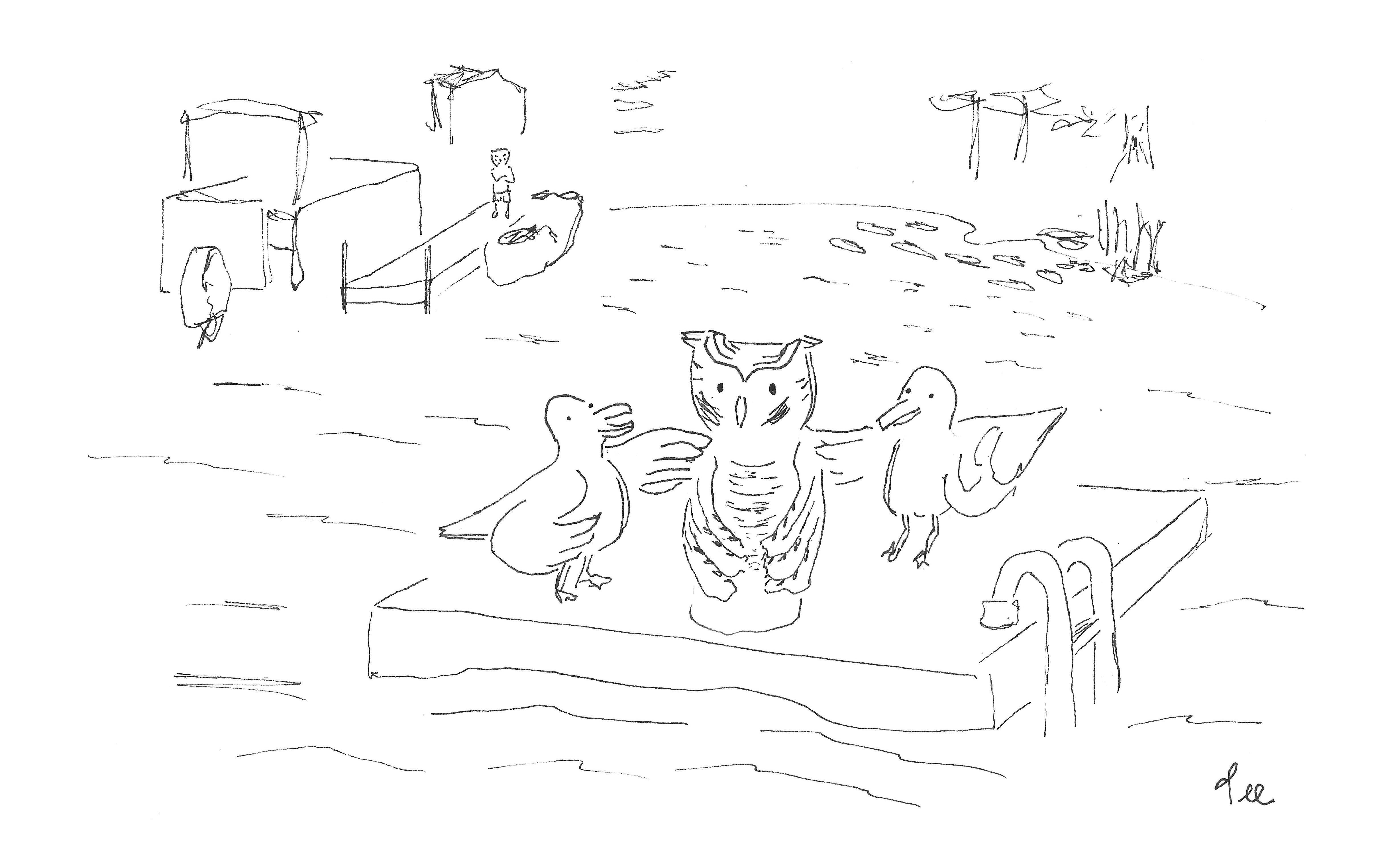 Two seagulls talk to an owl statue on a small lake swimming platform. Someone stands with their arms crossed on a pier nearby.