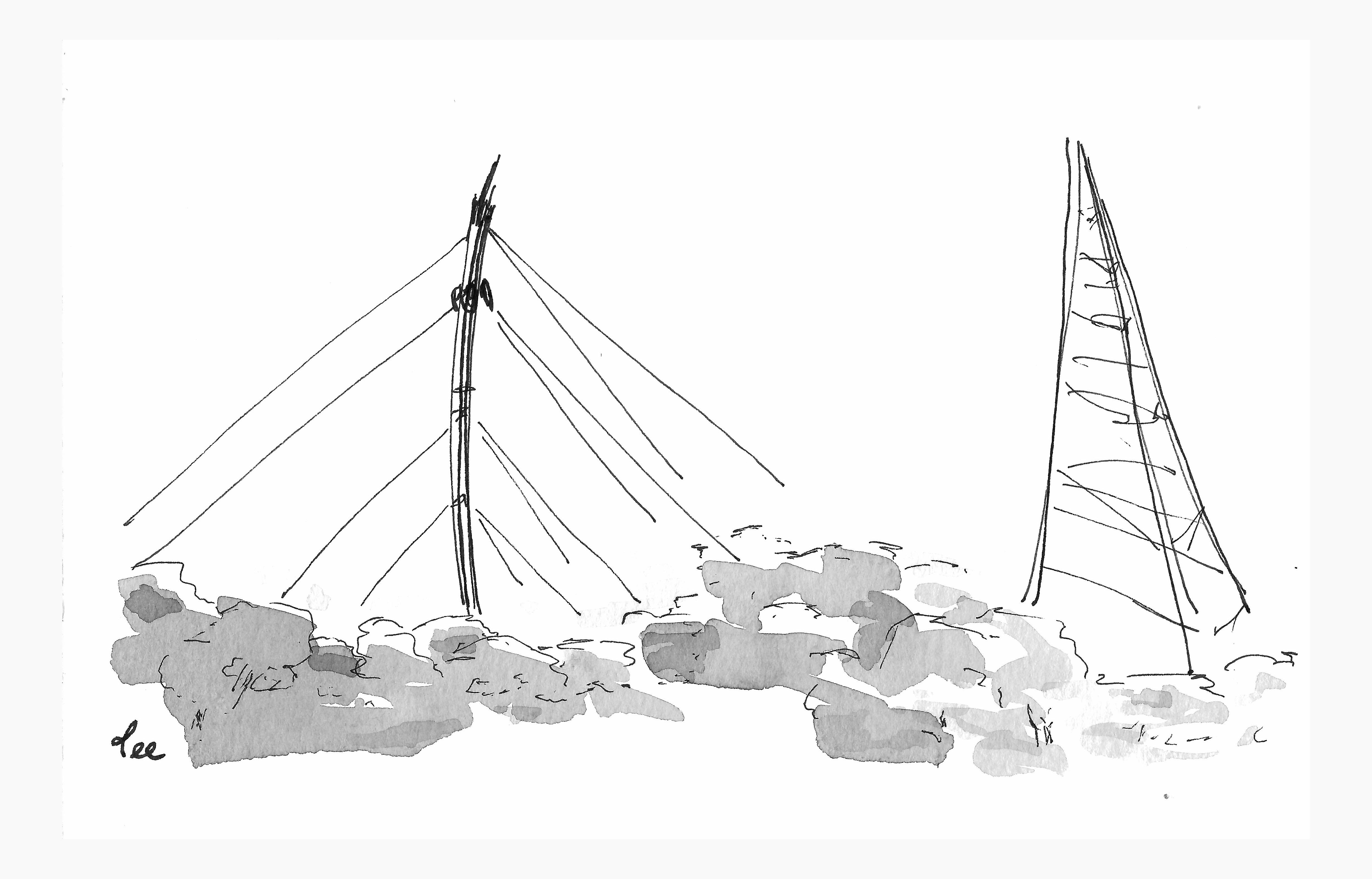 Two towers rise up over a forest. One is being held by wires.
