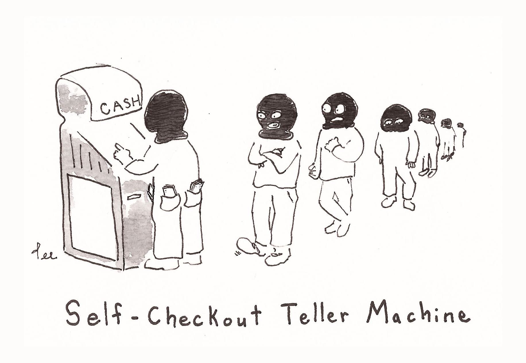A person wearing a black ski mask stands at an ATM with two back pockets filled with money. A line of people with black ski masks stands trails behind
