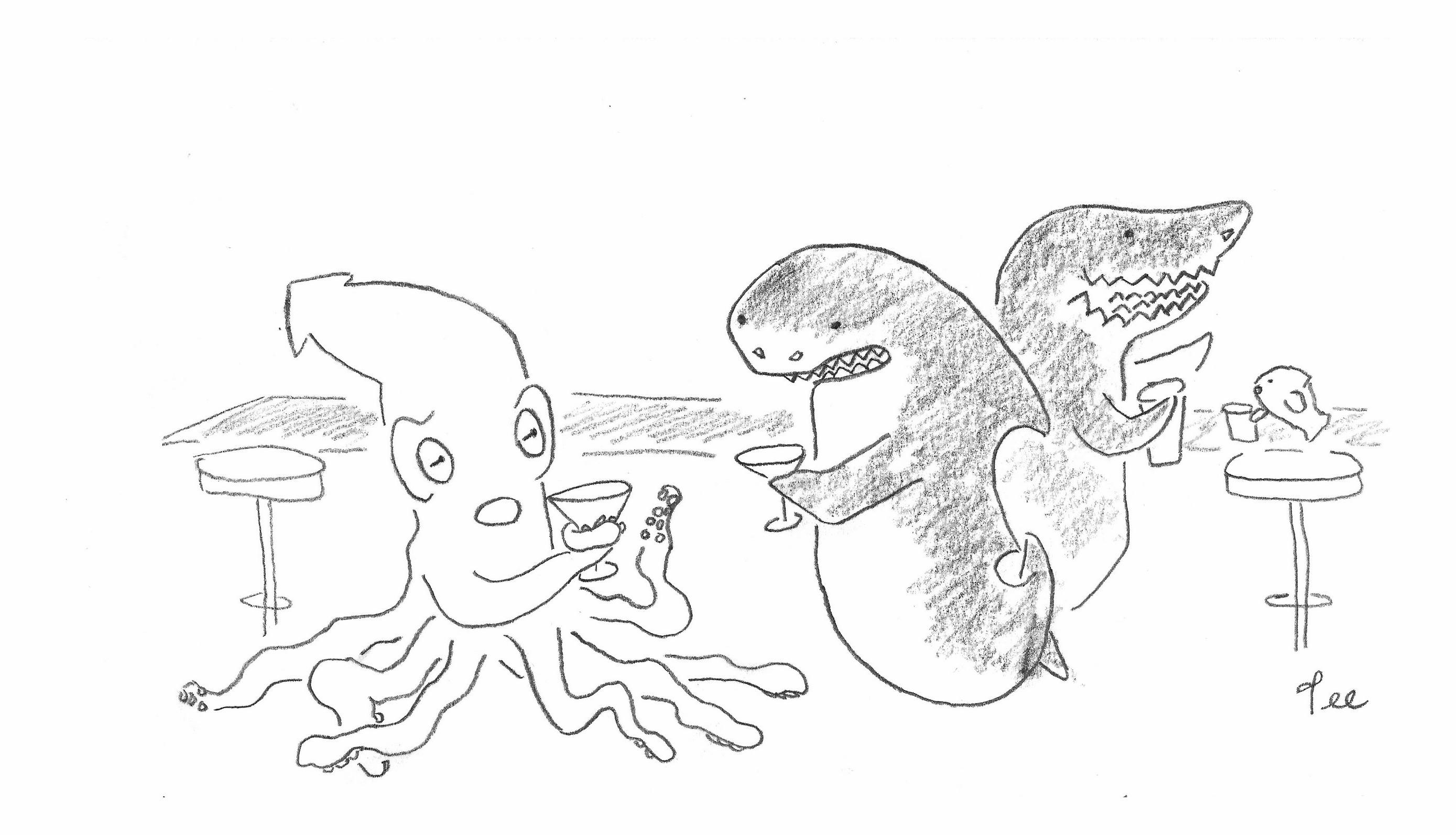 An octopus talks to a shark as another shark and a fish sit in the background at a bar with drinks.