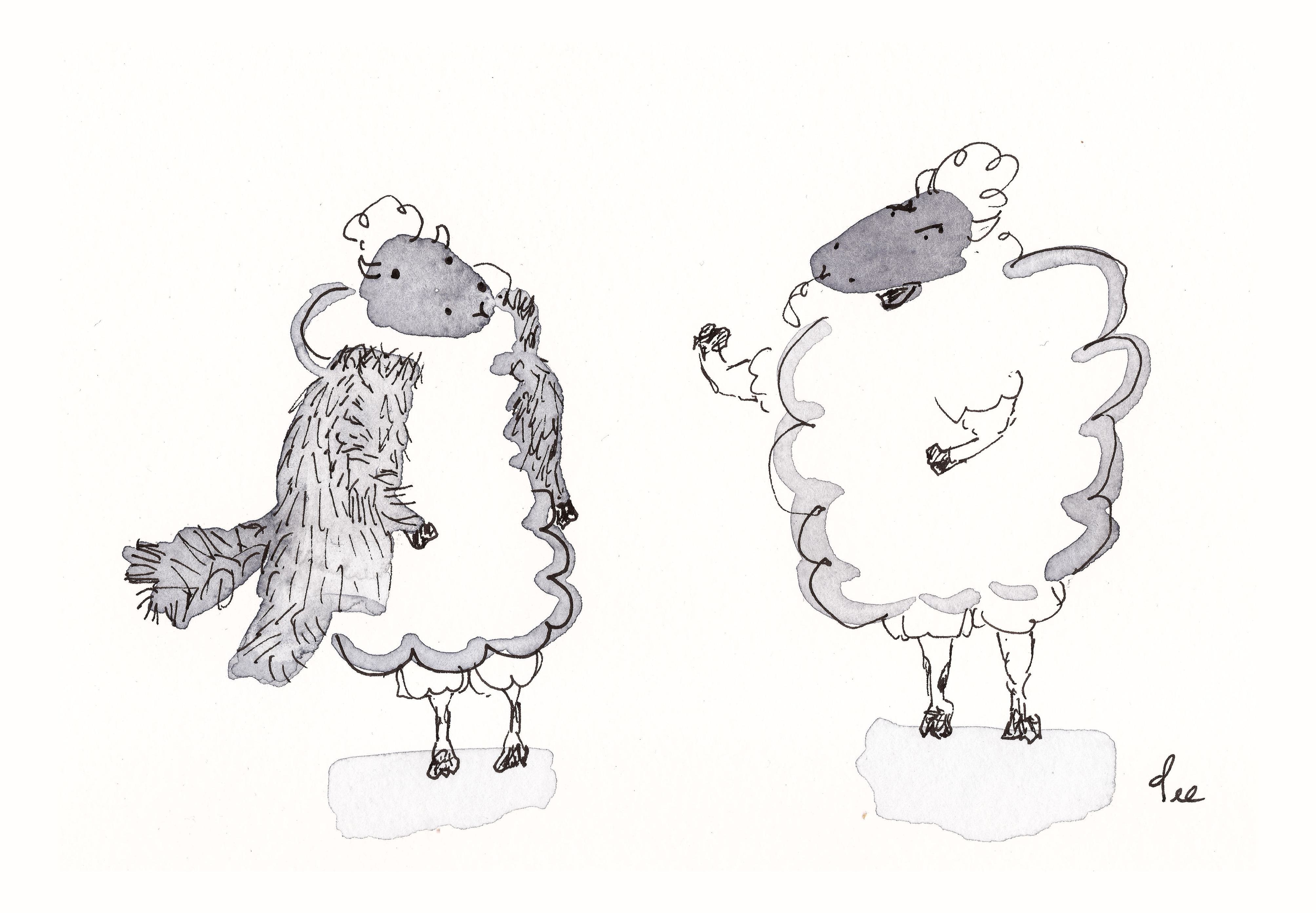 Two sheep converse. One wears a furry jacket.