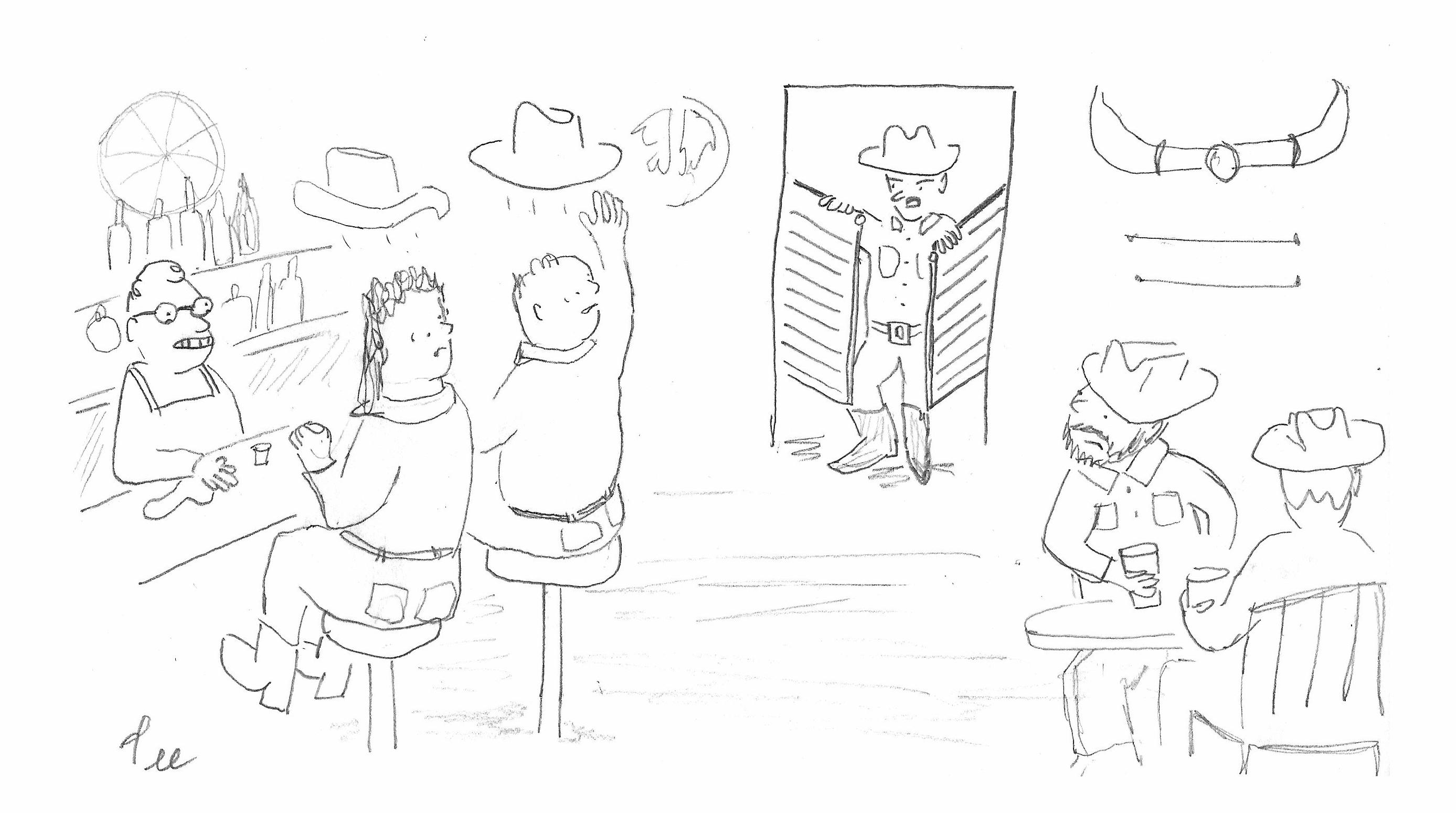 A man in a cowboy hat enters a saloon through swinging doors. Two men sitting at the bar have their hats propel off their head and turn towards in shock towards the man entering. Bar partons and the barkeep look on as the man says…