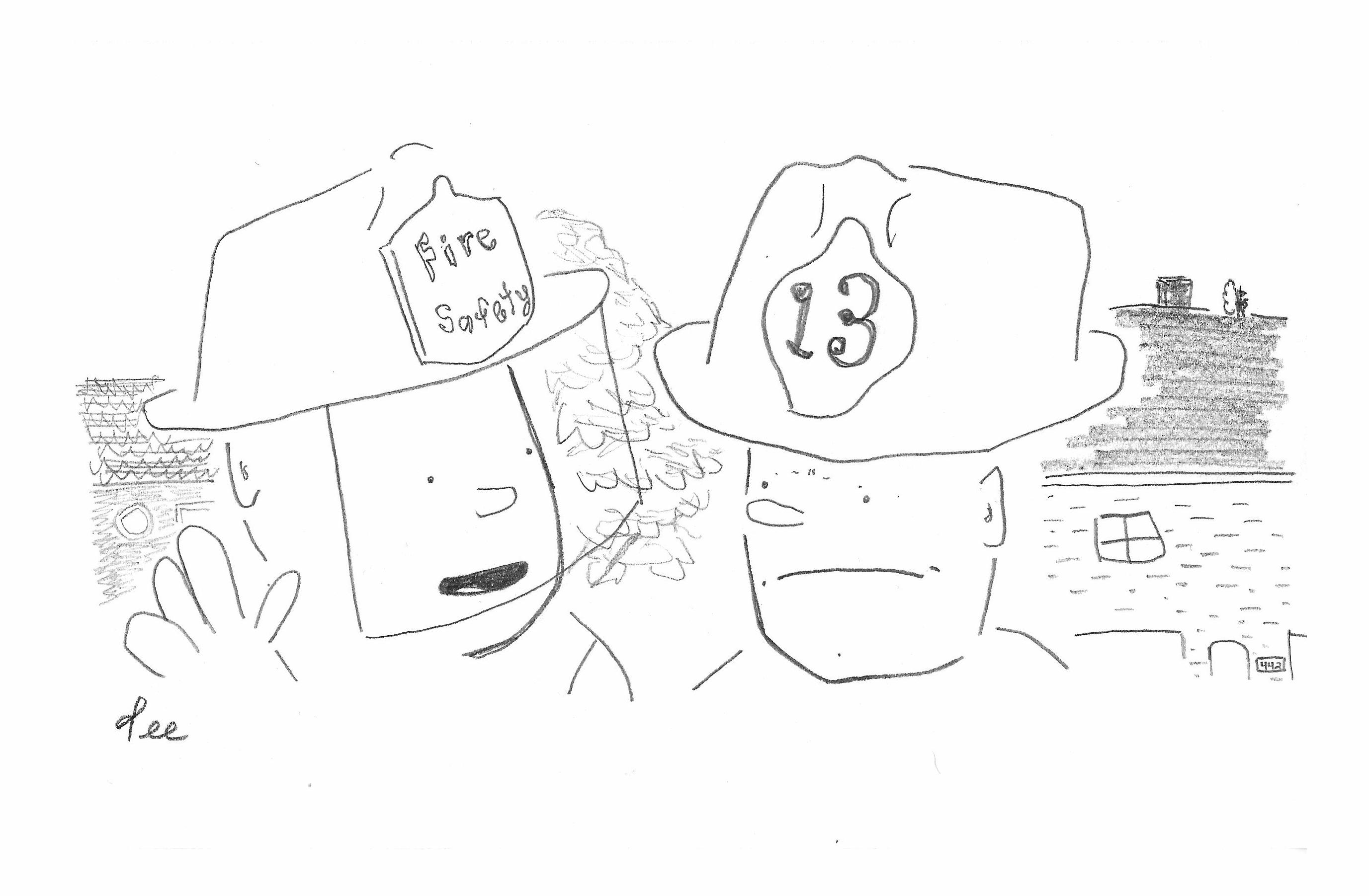In the forefround are two firemen one talking and the other grimacing. In the background a small squirrel holds a nut on a house with the address 442 