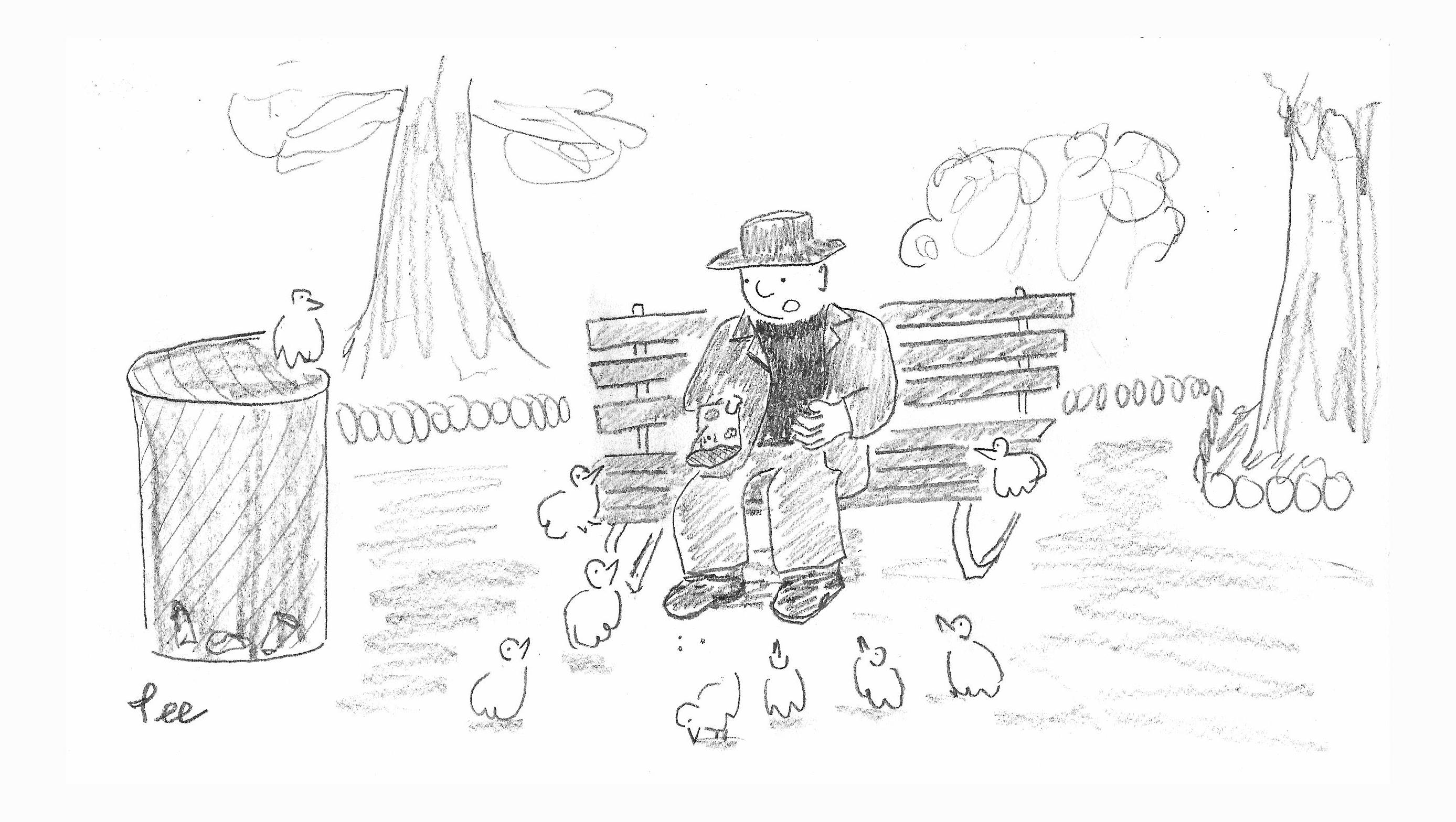 A slew of birds gather around a man sitting on a bench in the park turning over a bag of popcorn.