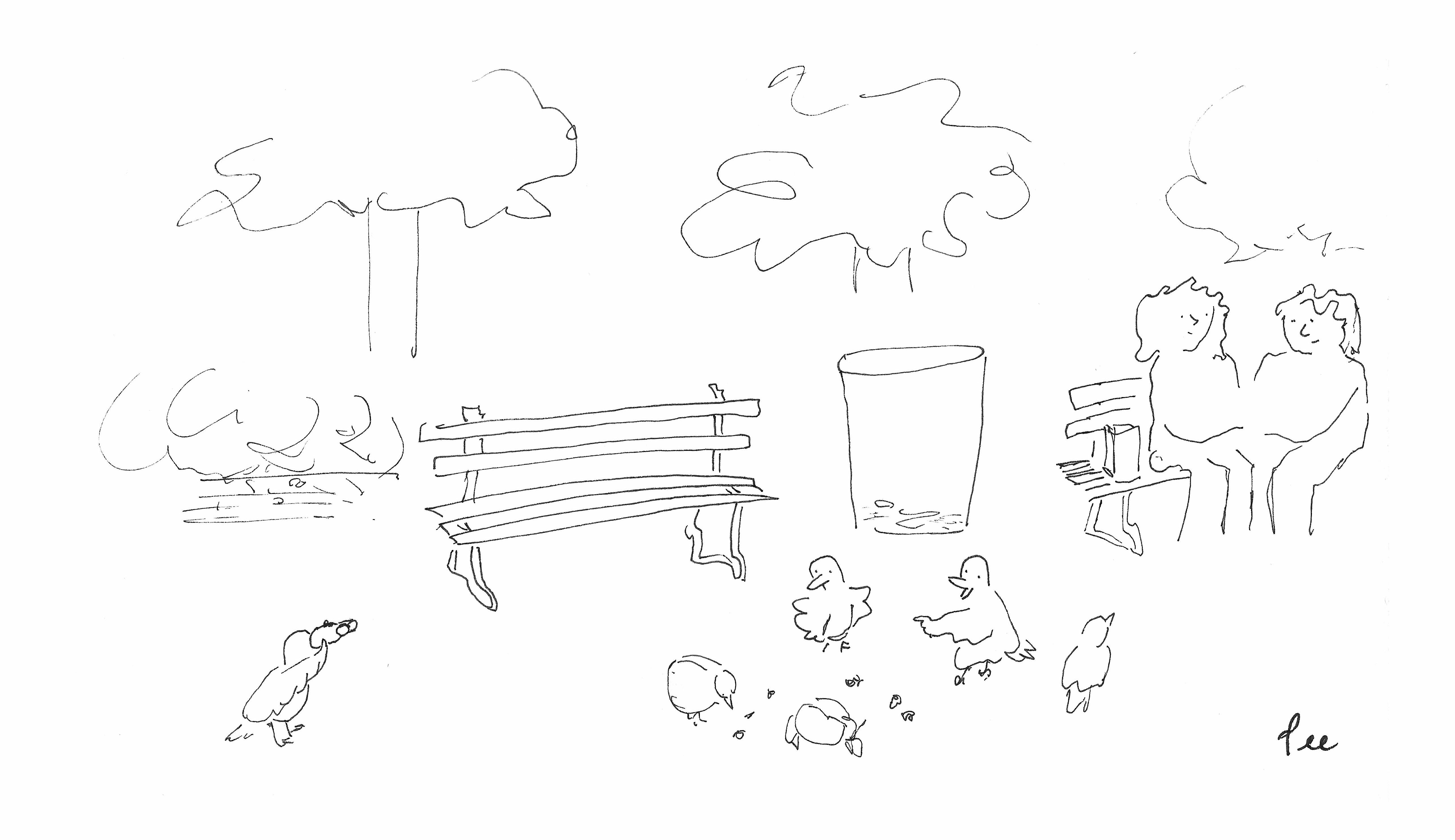 A bird holds binoculars pointed towards a couple sitting at a park bench. Birds peck at at bread on the sidewalk and one of them remarks…