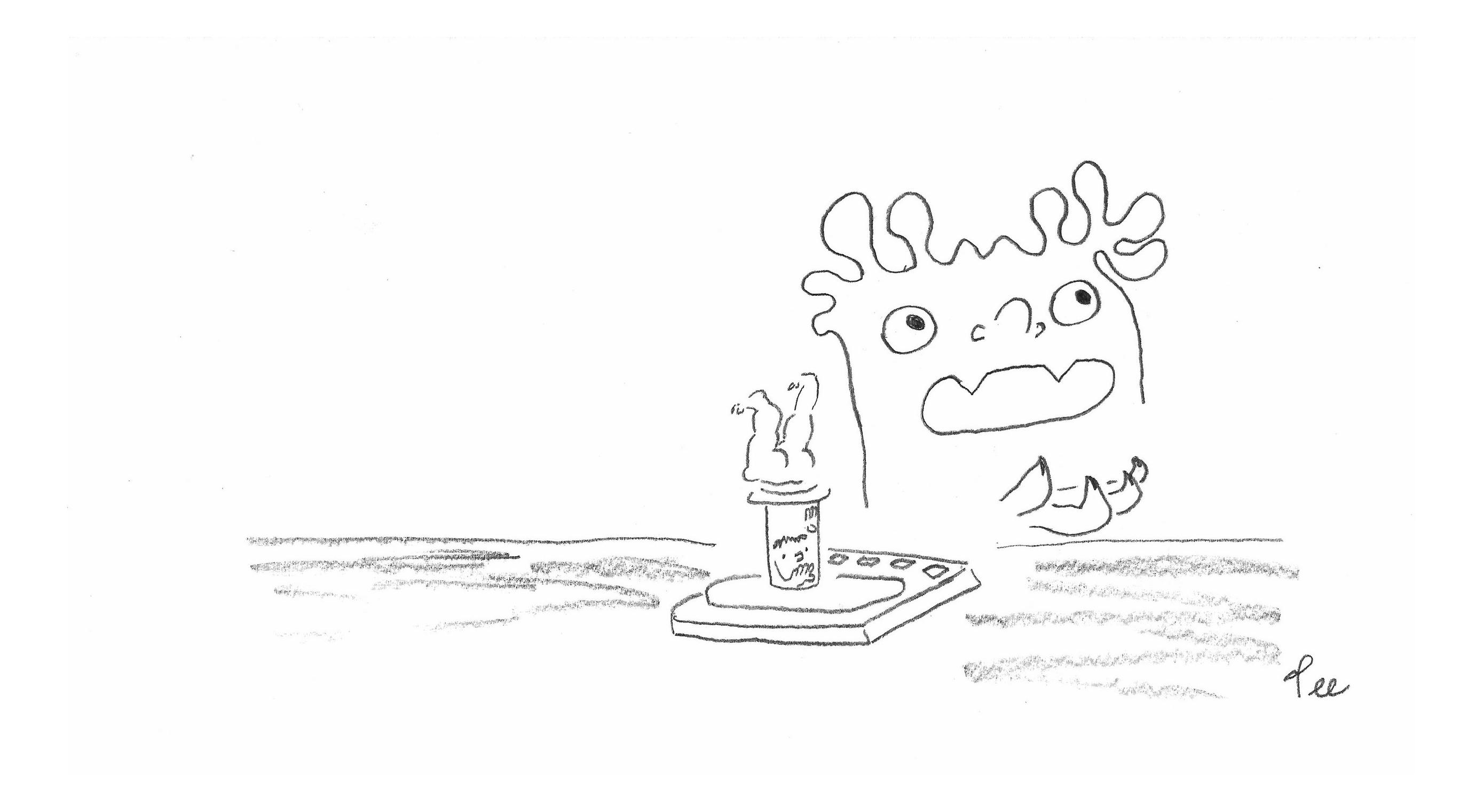 A man’s lower body overflows from a prescription bottle as they peek out from within. The bottle rests on a digital scale and an alien stands and remarks to someone off panel...