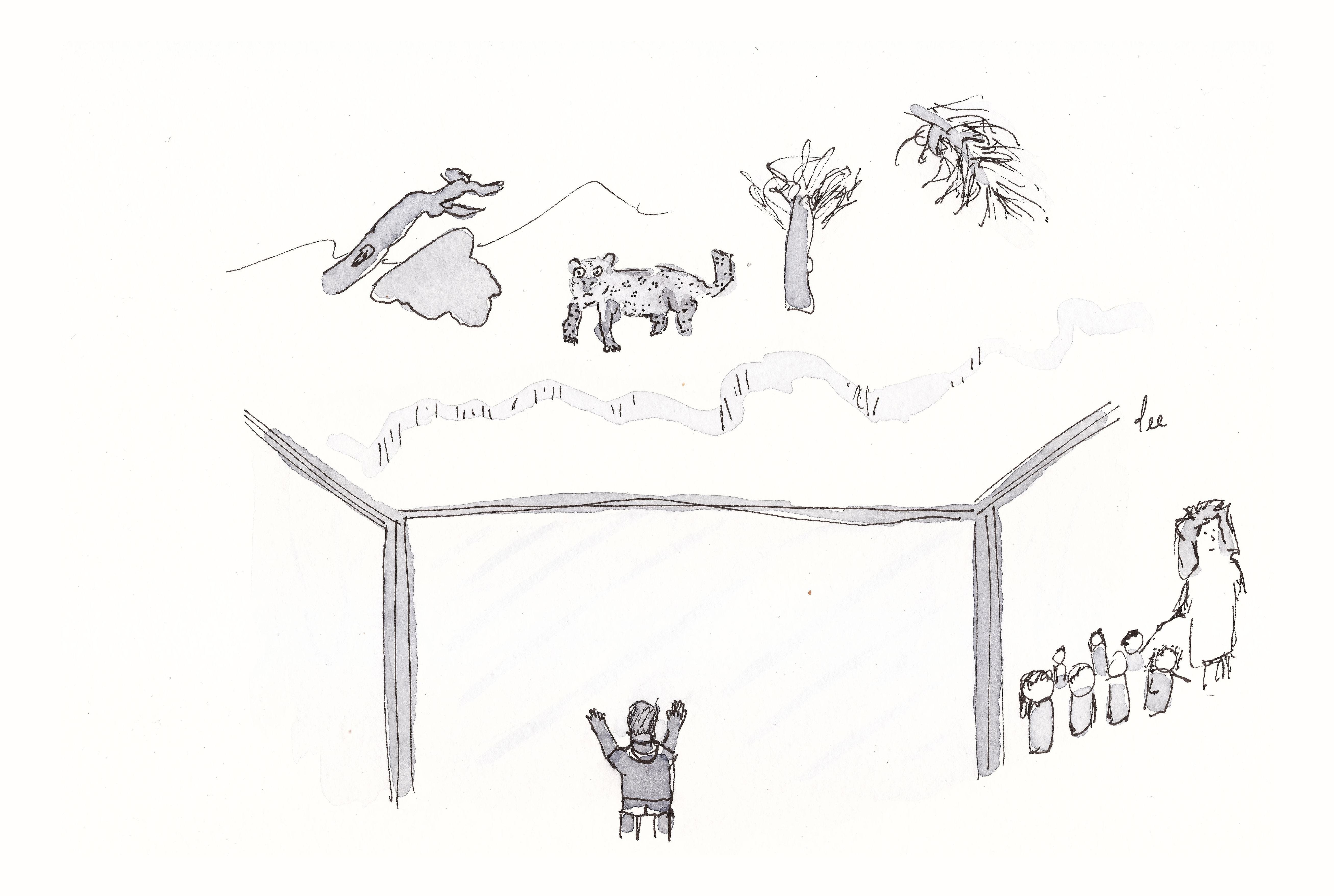 A child holds it’s hands on the glass of a zoo enclosure as a leopard stares at it. An adult moves with a separate group of children.