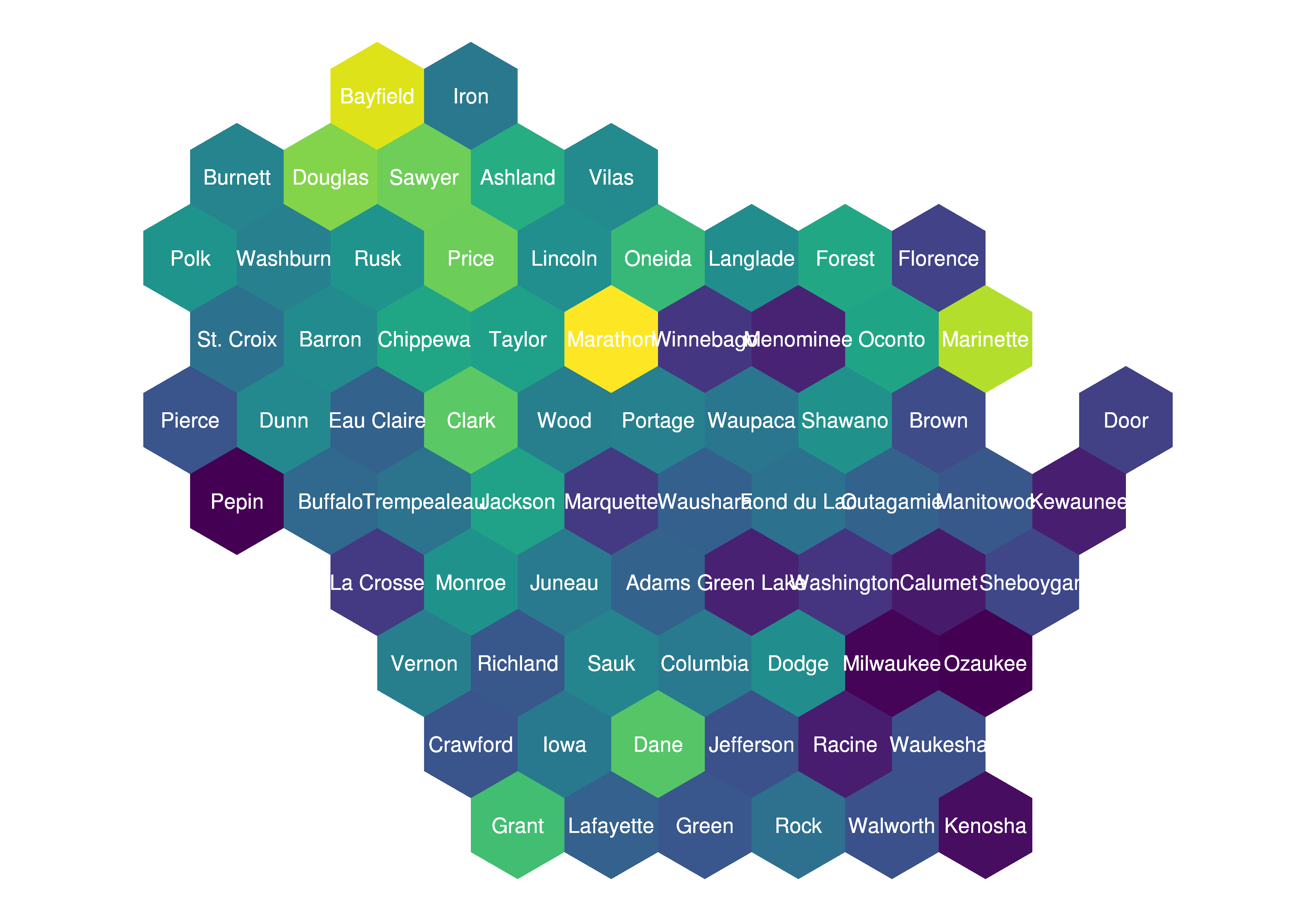 Wisconsin Hex Grid Map by County by ALAND