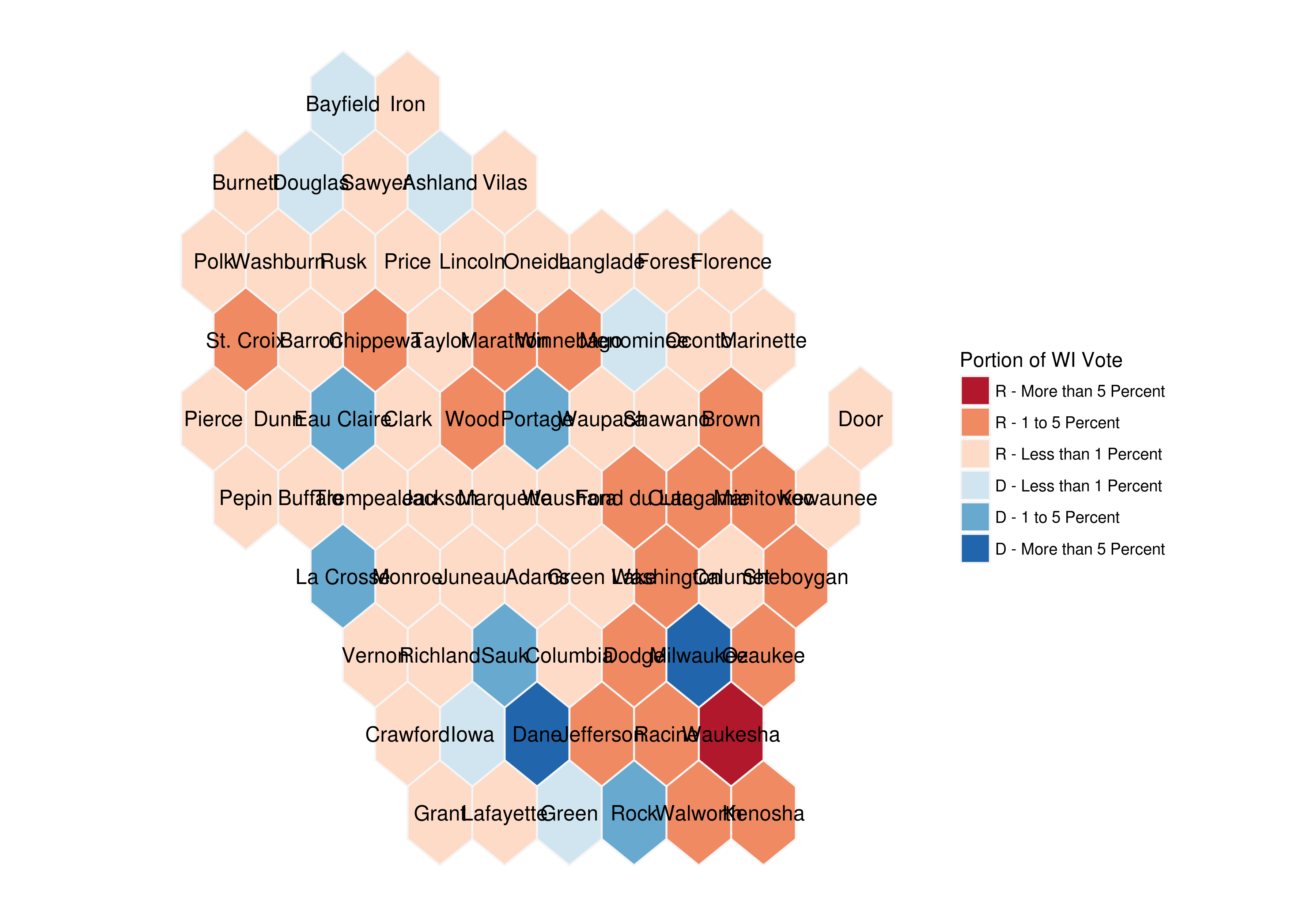 Wisconsin Hex Grid Map by County by Vote Count