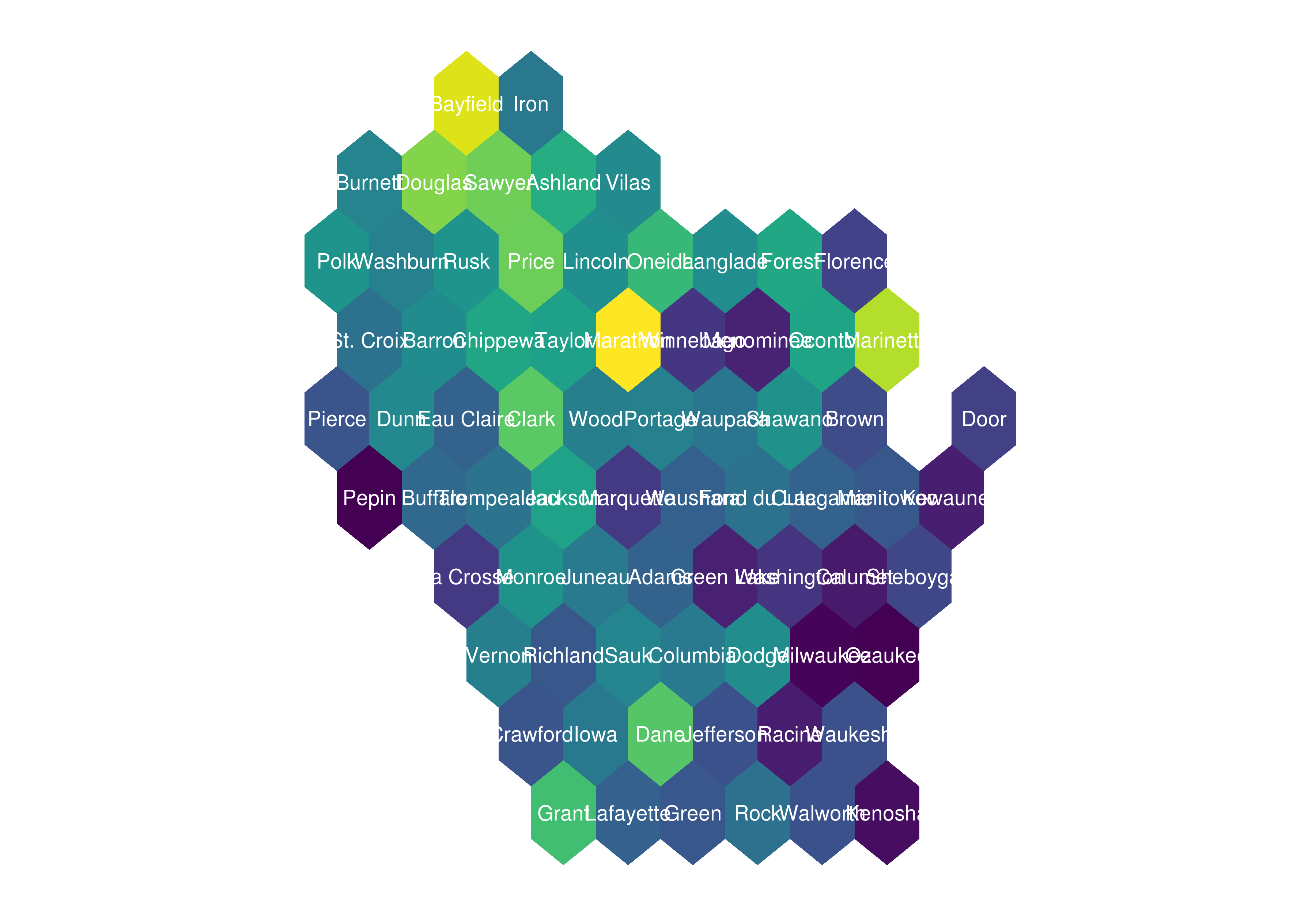 Wisconsin Square Grid Map by County by ALAND using geom_sf