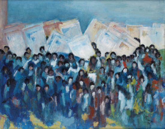 March on Washington. Composition of a crowd of people in front of a background of signs. Rendered in oil on canvas, by Alma Thomas.