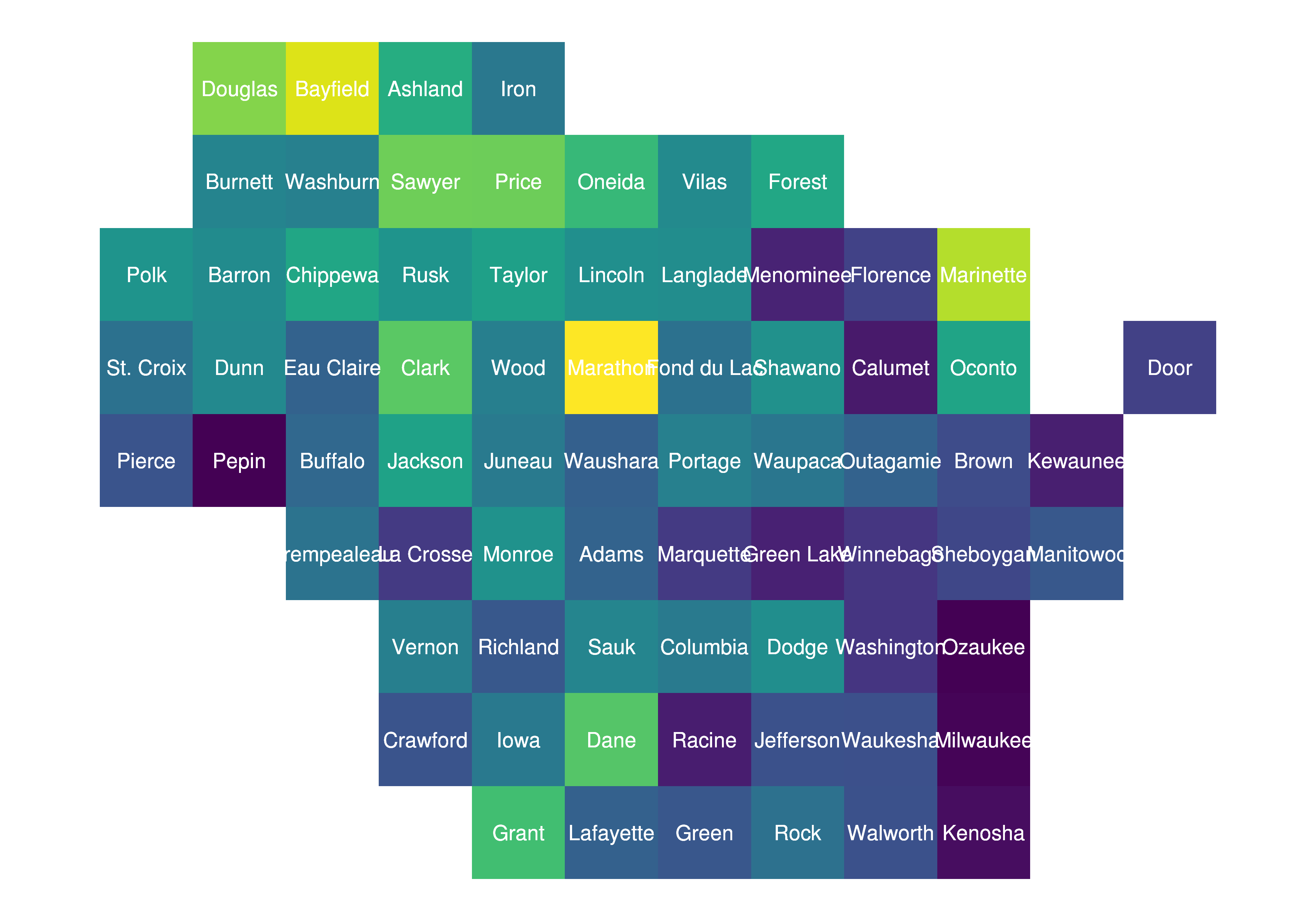 Wisconsin Square Grid Map by County by ALAND